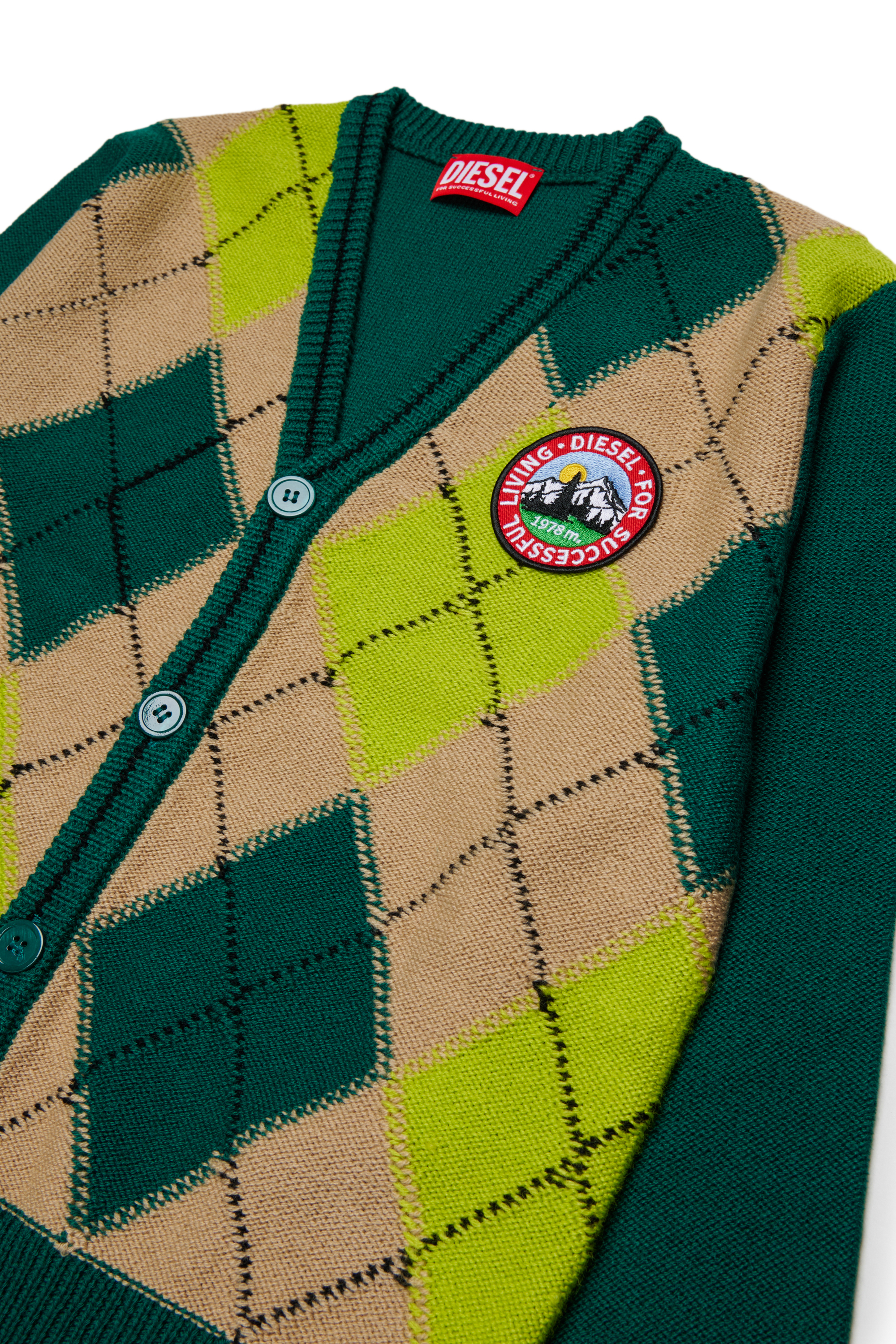 Diesel - KROMYCARDIGAN OVER, Unisex's Wool-blend cardigan with argyle motif in Green - 3