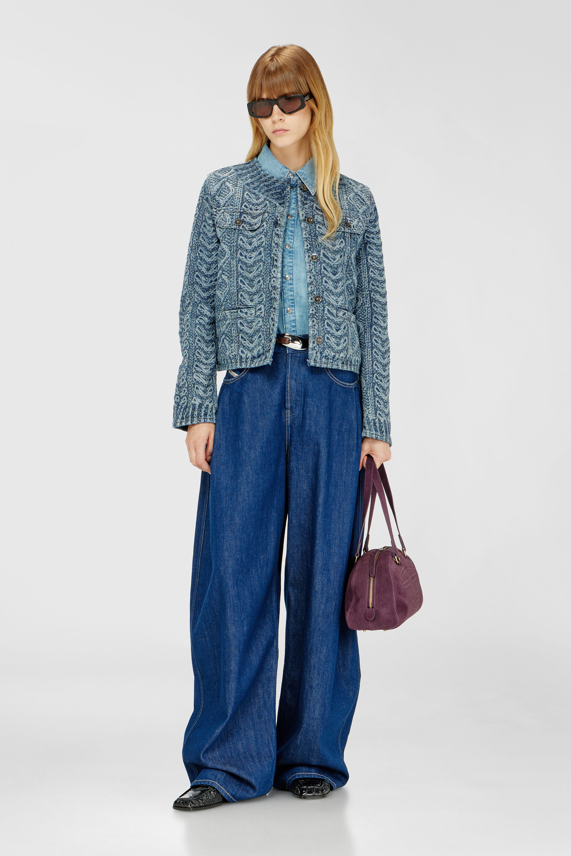Diesel - DE-GRAFY-S2, Woman's Collarless jacket in cable-knit-effect denim in Medium blue - 2