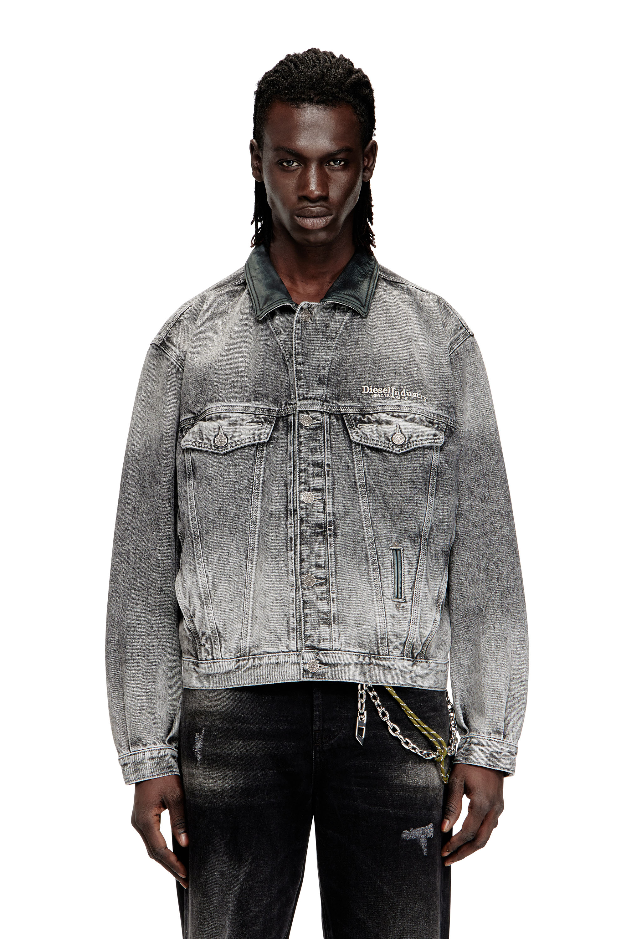 Diesel - D-DENVER-S, Unisex's Denim trucker jacket with tonal leather trims in Grey - 1