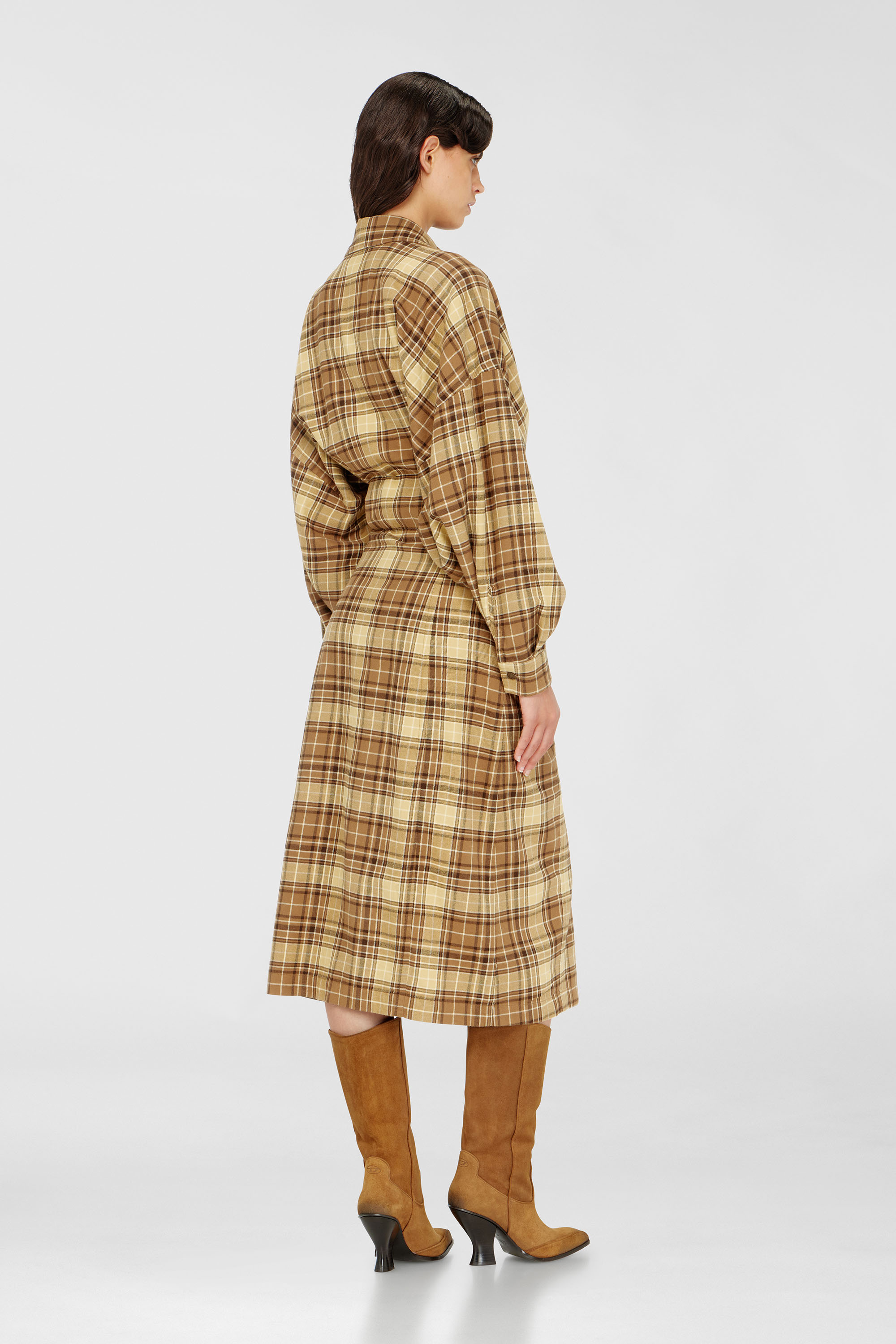 Diesel - D-EDALUS, Woman's Midi dress in check flannel with wide belt in Brown/Yellow - 4