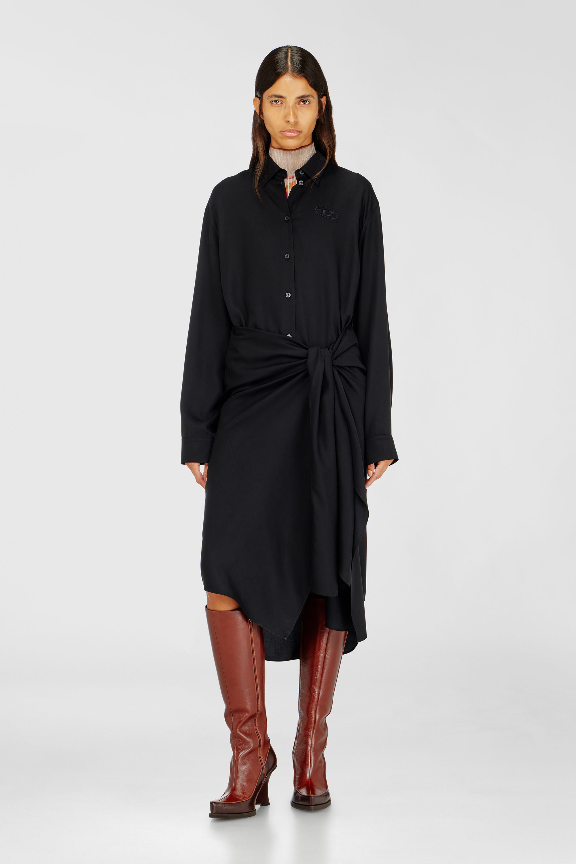 Diesel - D-ILETTA-S1, Woman's Midi shirt dress with twisted detail in Black - 1