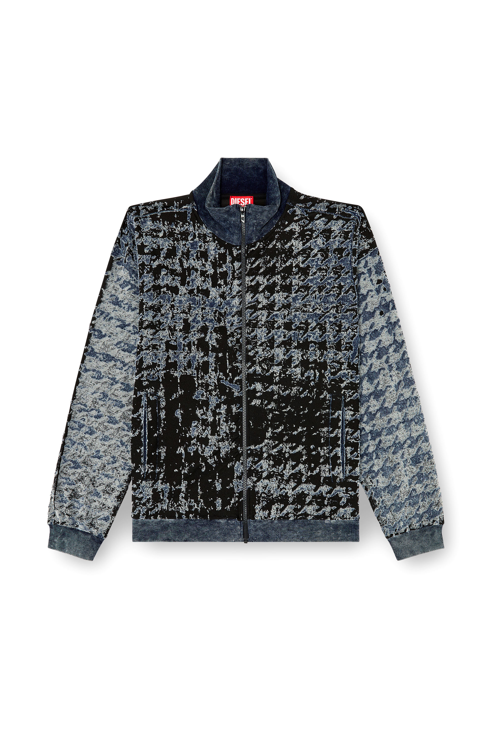 Diesel - S-CORR, Man's Devoré houndstooth zip-up top in Black/Blue - 2