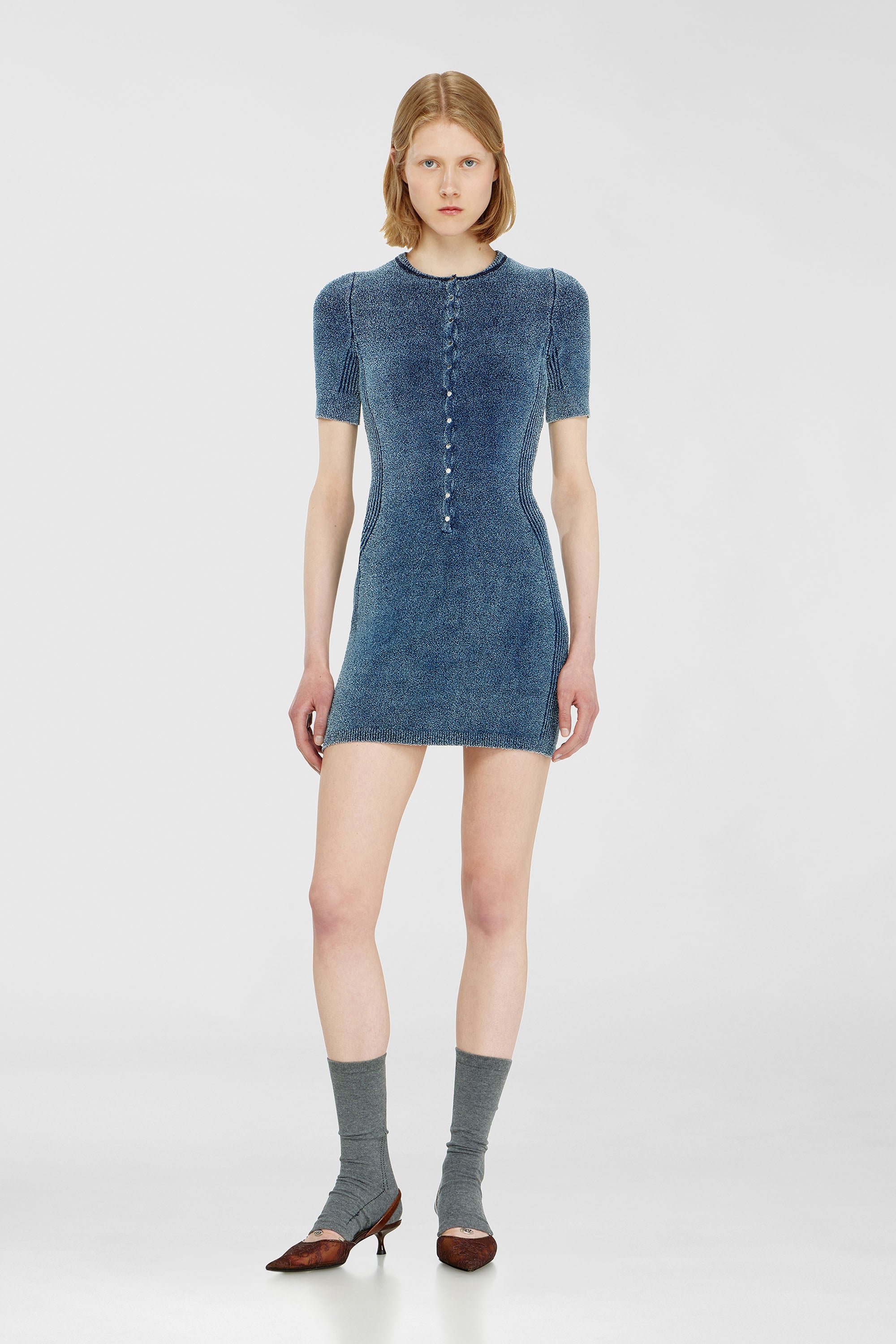 Diesel - M-ESTEE DRESS, Woman's Short dress in indigo boucl&eacute; knit in Medium blue - 1