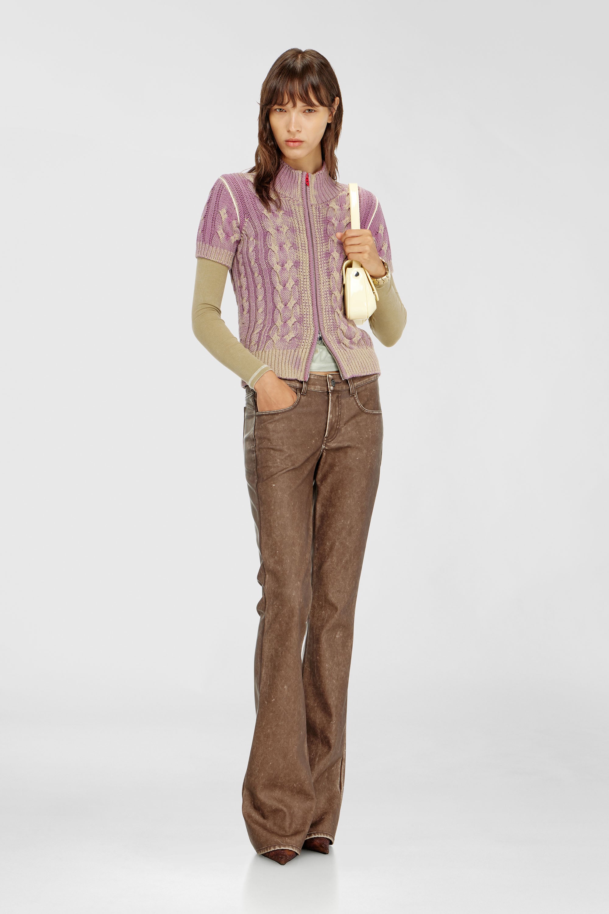 Diesel - M-ELANA, Woman's Short-sleeve zip cardigan in cable knit in Beige/Violet - 2