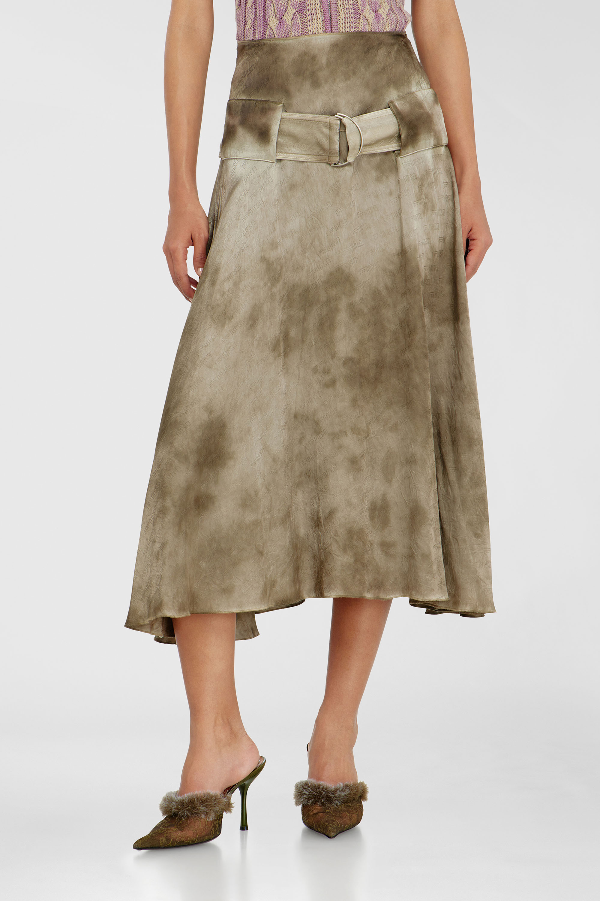 Diesel - O-DYLE, Woman's Belted midi skirt in logo-jacquard satin in Light Brown - 1