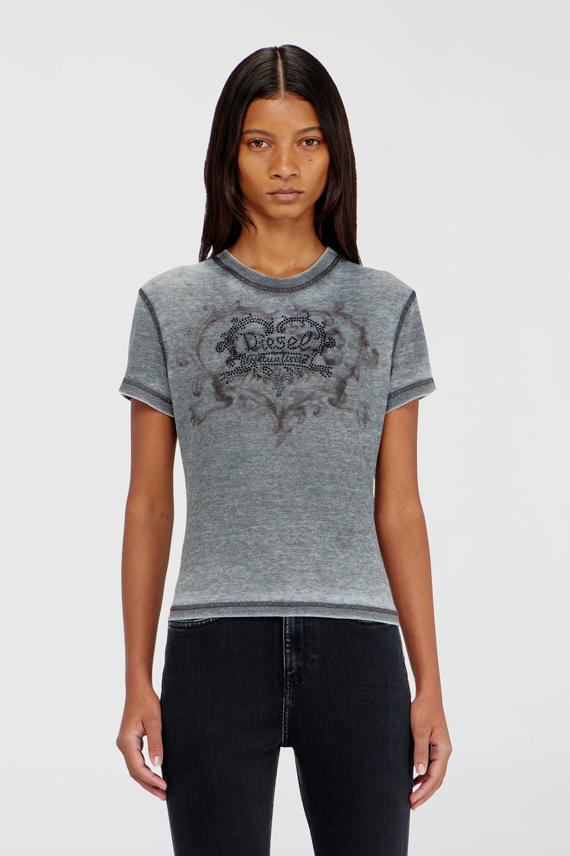Diesel - T-ILA-AA1, Woman's Jersey t-shirt with rhinestones and burnout effect in Grey - 3