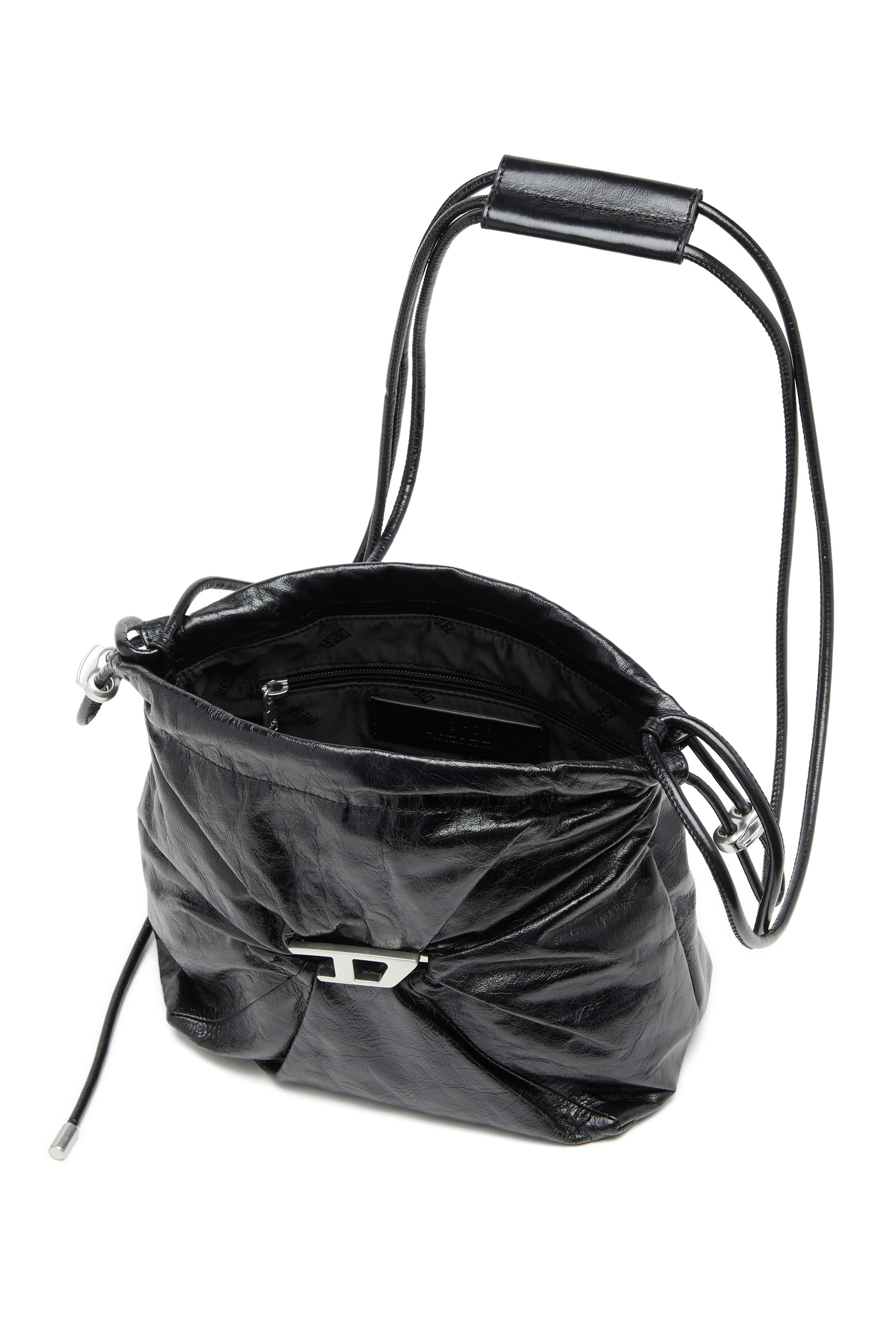 Diesel - SCRUNCH-D BUCKET, Woman's Bucket bag in shiny wrinkled leather in Black - 4