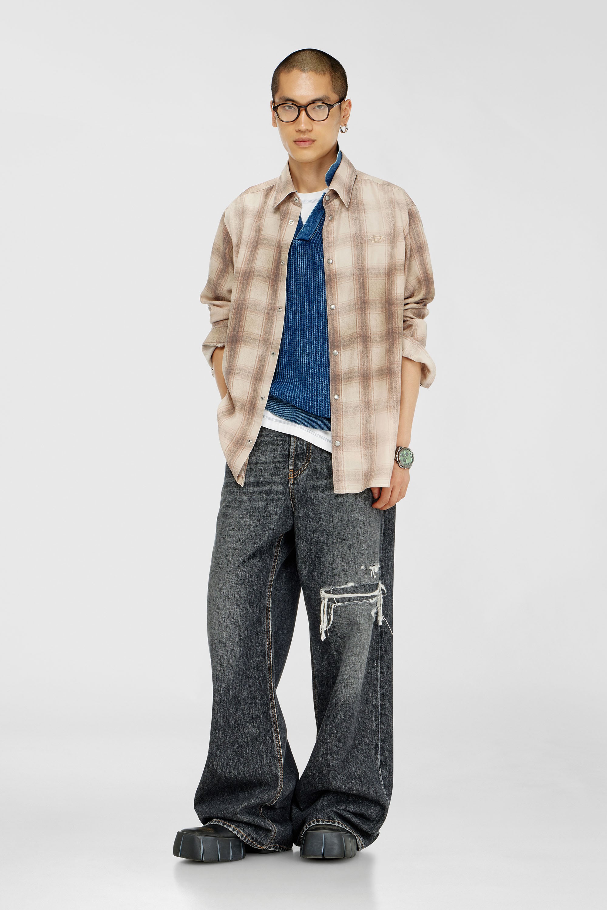 Diesel - S-SIMPLY-JMCM, Man's Check shirt in fluid fabric in Light Brown - 2