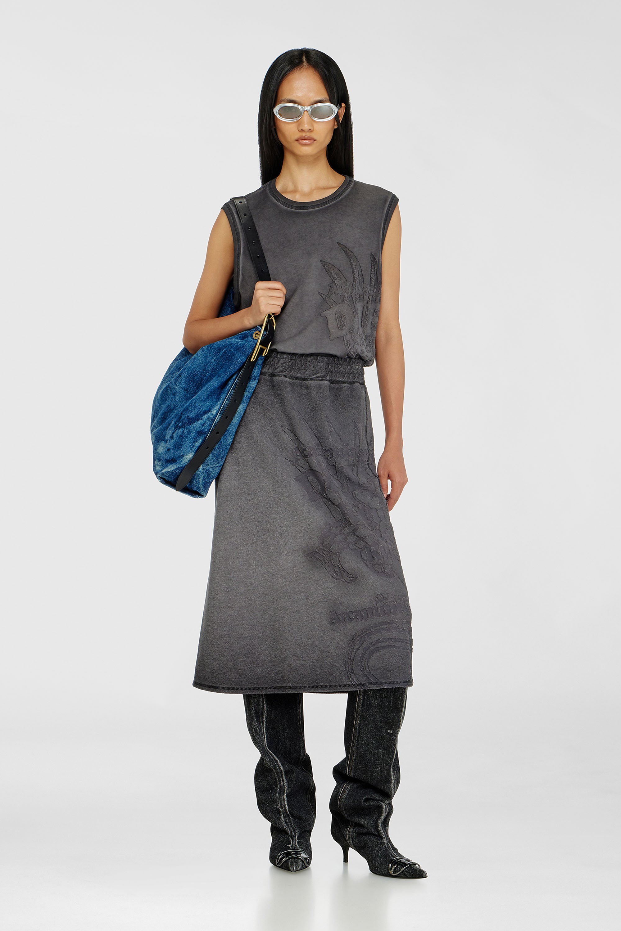 Diesel - O-BEAUTY, Woman's Fleece midi skirt with d&eacute;vor&eacute; print in Dark grey - 2
