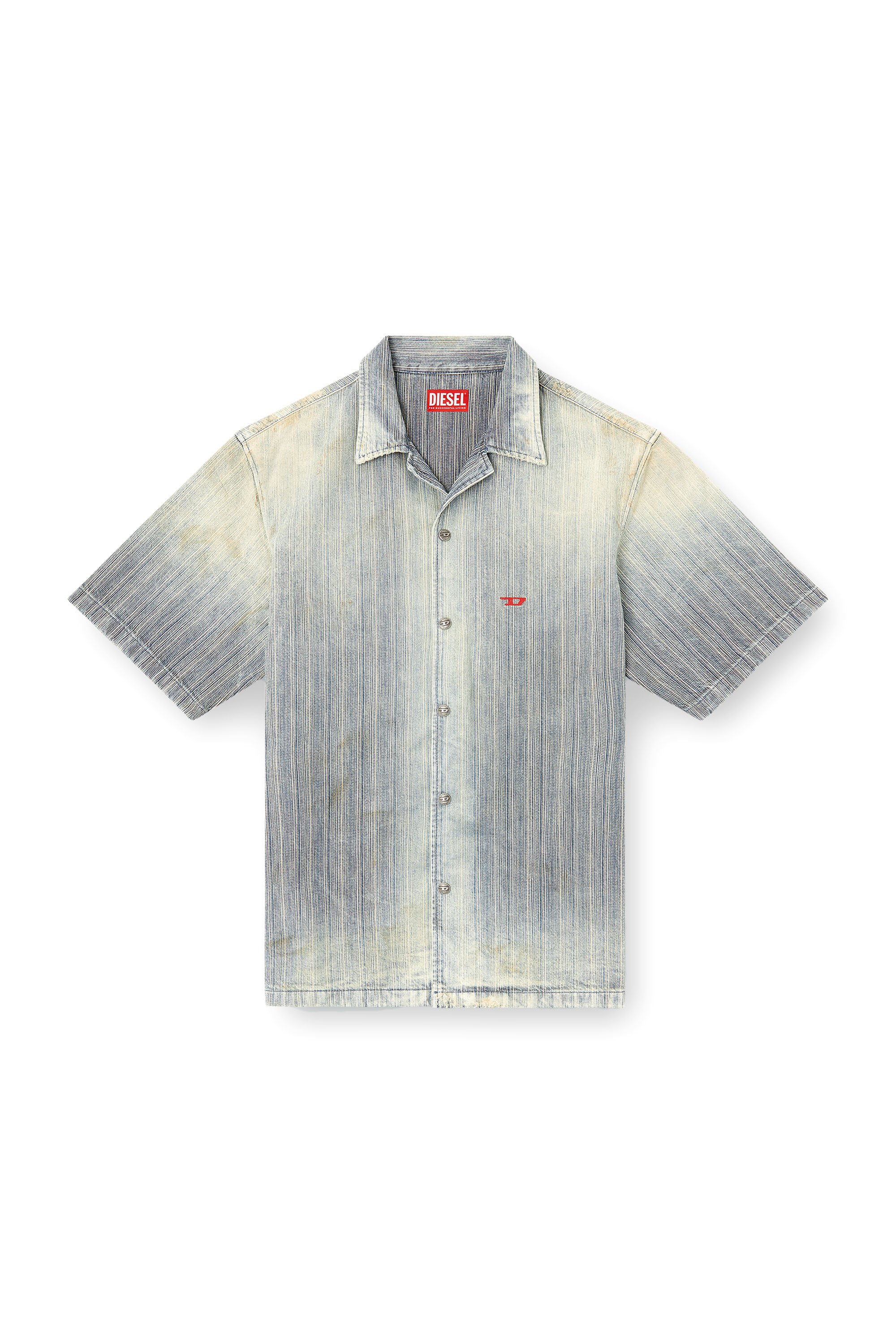 Diesel - D-NABIL-D, Man's Bowling shirt in striped indigo denim in Medium blue - 3