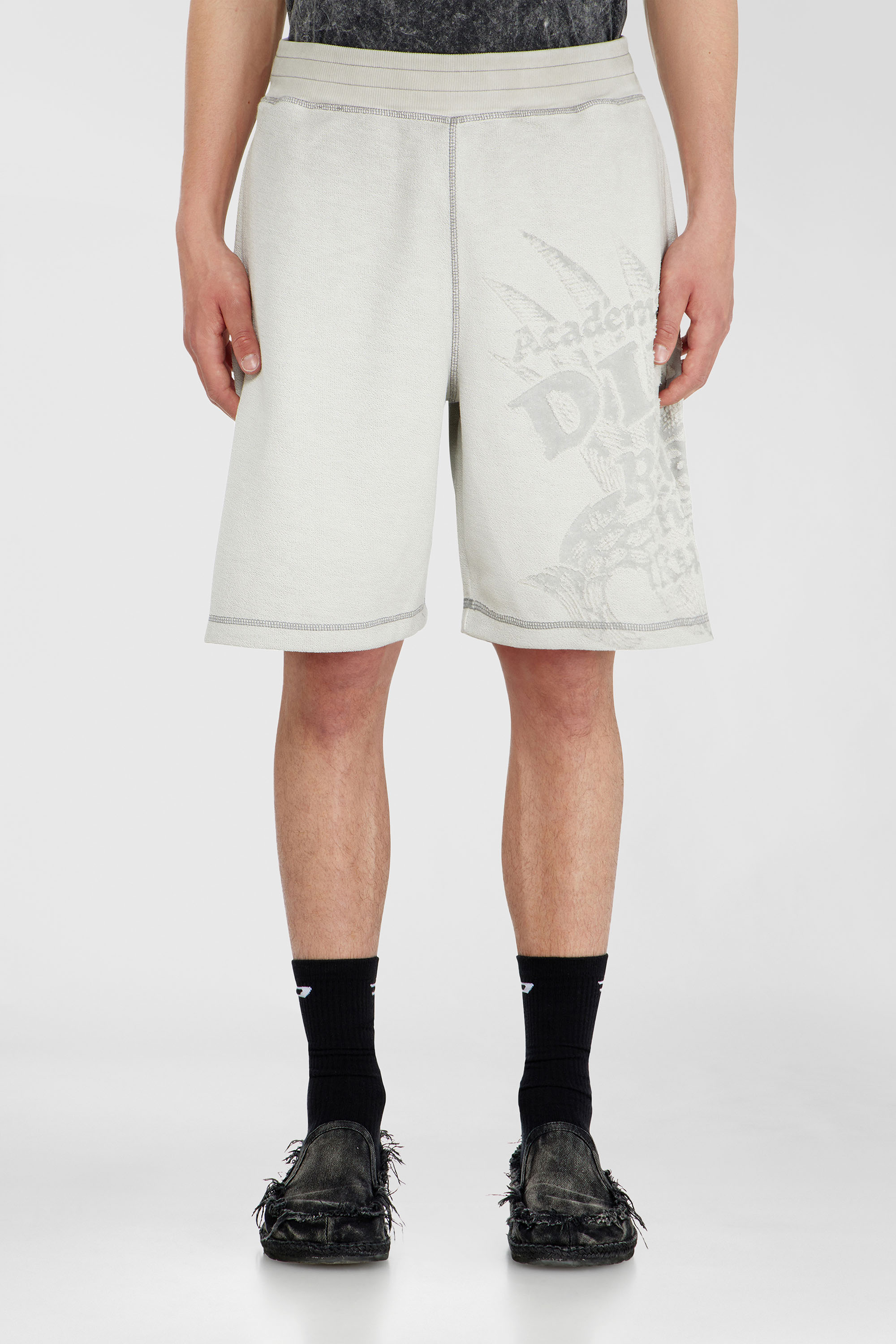 Diesel - P-RAWCROW, Man's Sweatshorts with d&eacute;vor&eacute; motifs in Light Grey - 1