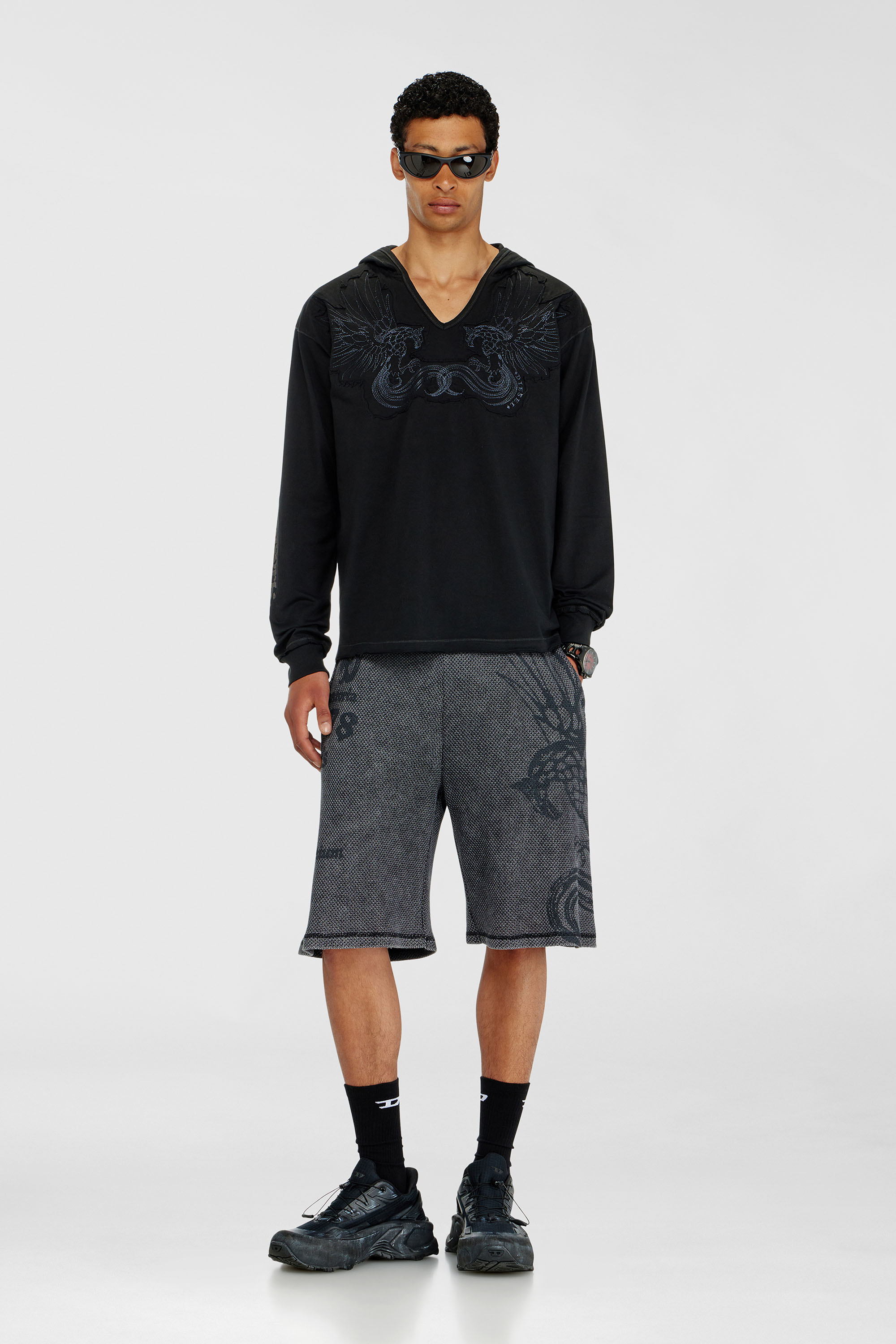 Diesel - T-PHEN-LS-HOOD-RIB, Man's Hoodie with V-neck and embroidered front in Black - 2