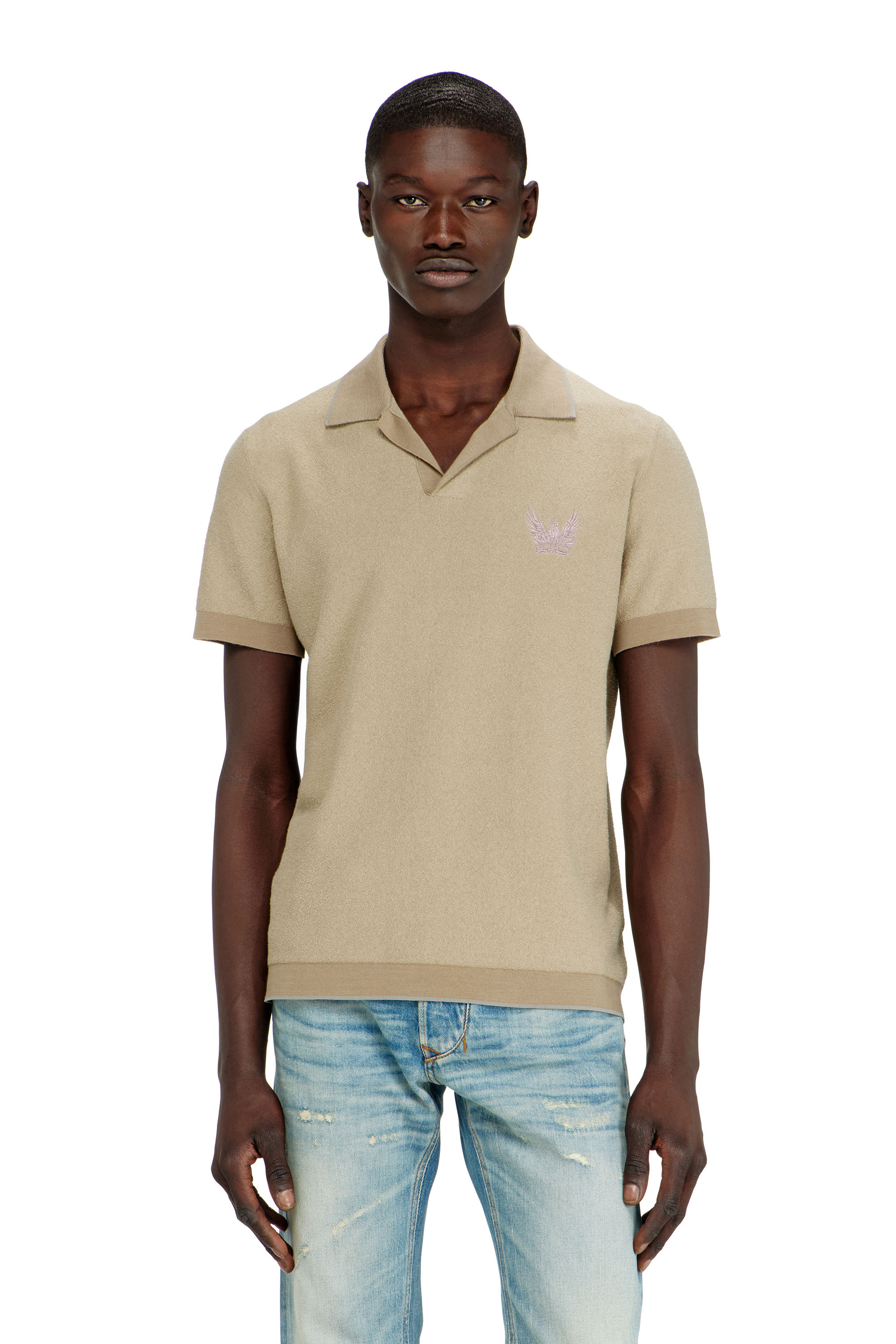 Diesel - K-RAILES, Man's Boucl&eacute;-knit polo shirt with Phoenix logo in Beige - 3
