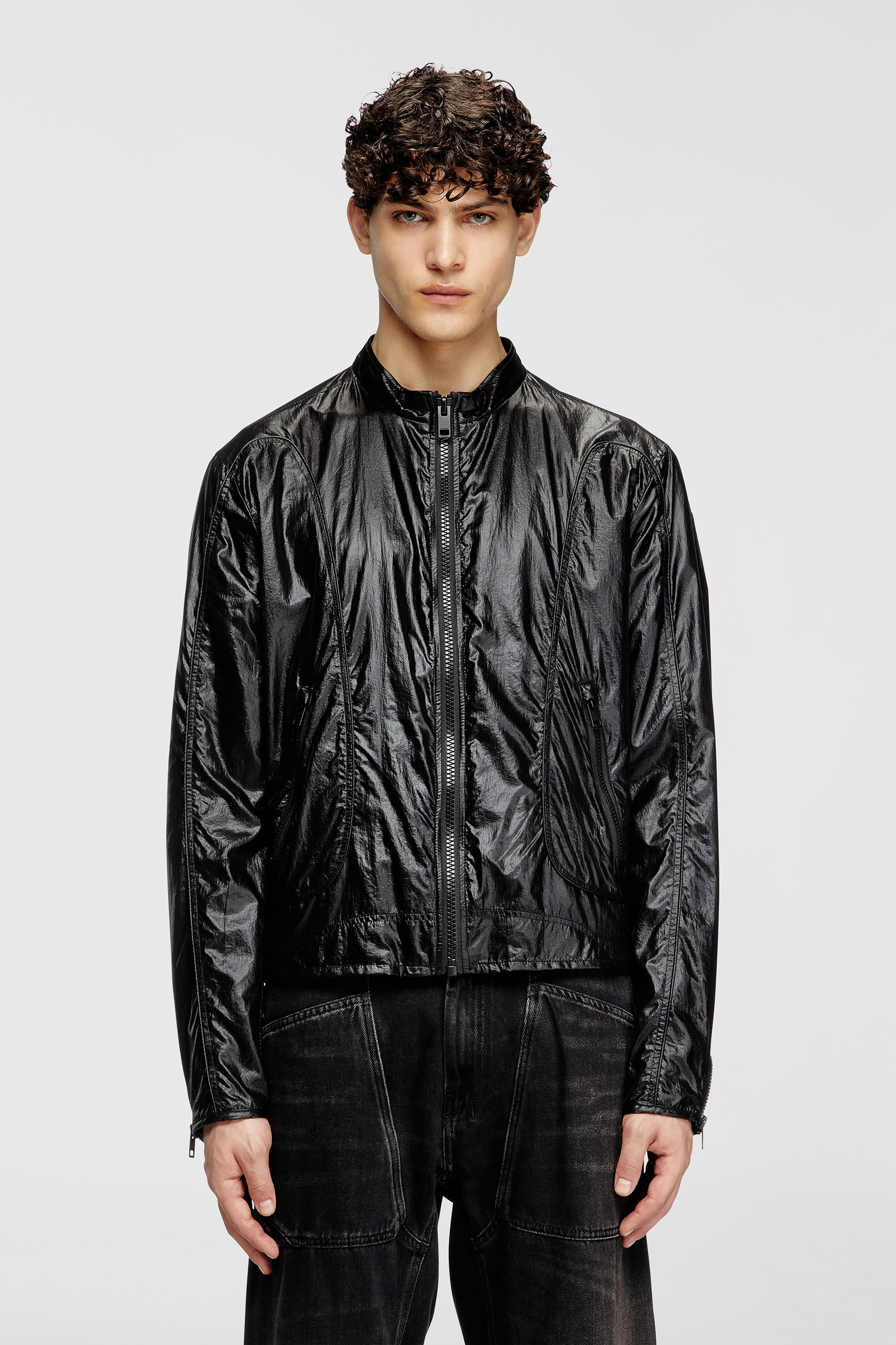 Diesel - J-CLAYS, Man's Biker jacket in shiny ripstop in Black - 1