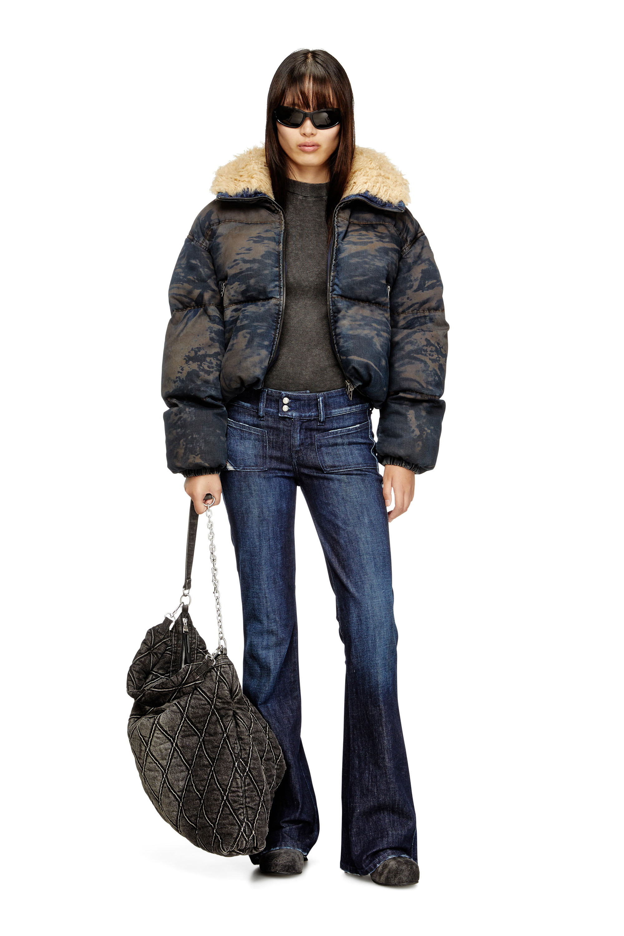 Diesel - W-AVES-FUR, Woman's Hooded puffer jacket in dirt-effect camo denim in Black/Brown - 2
