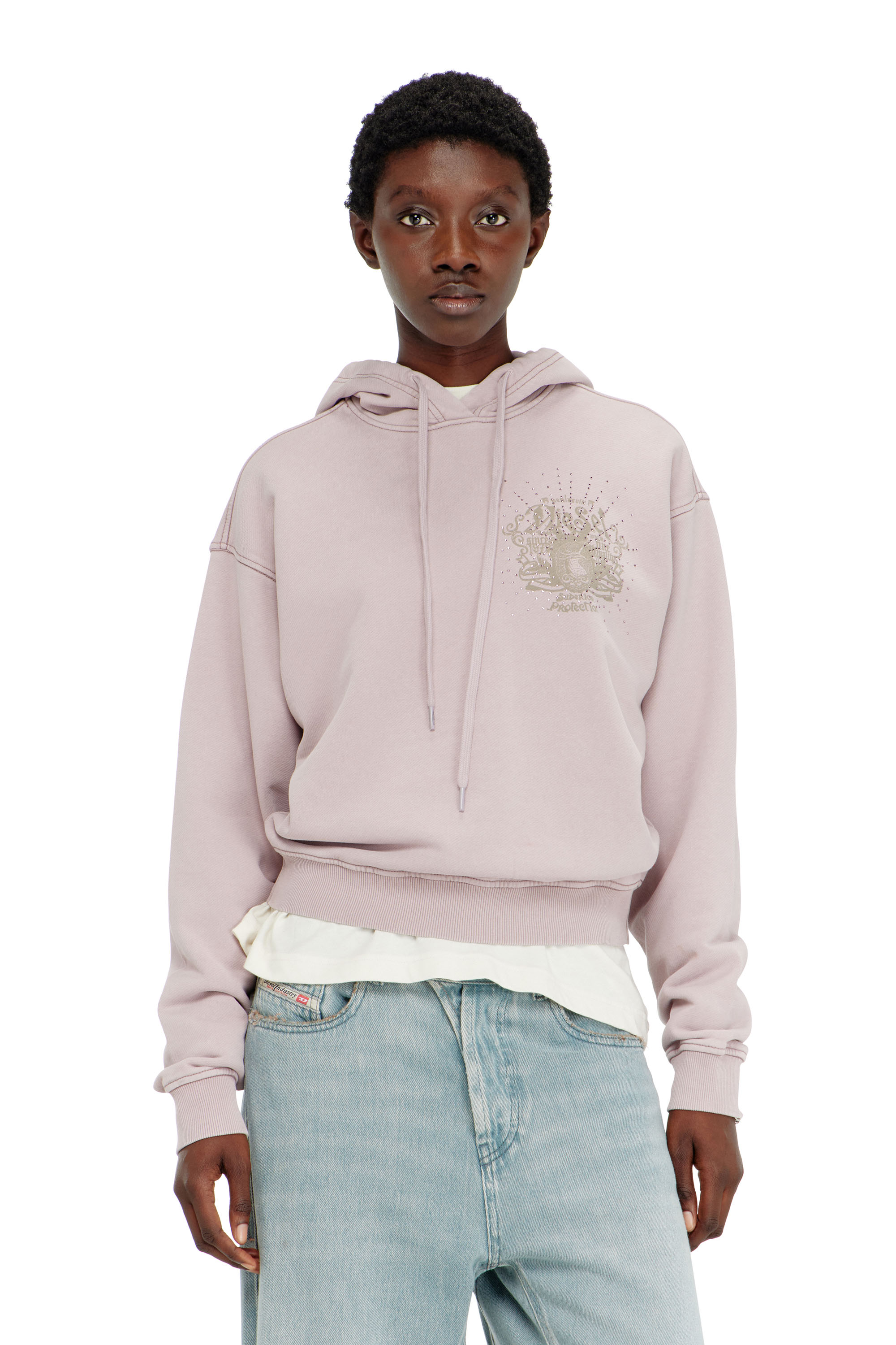 Diesel - F-PHOENY, Woman's Hoodie with prints and rhinestone studs in Lilac - 1