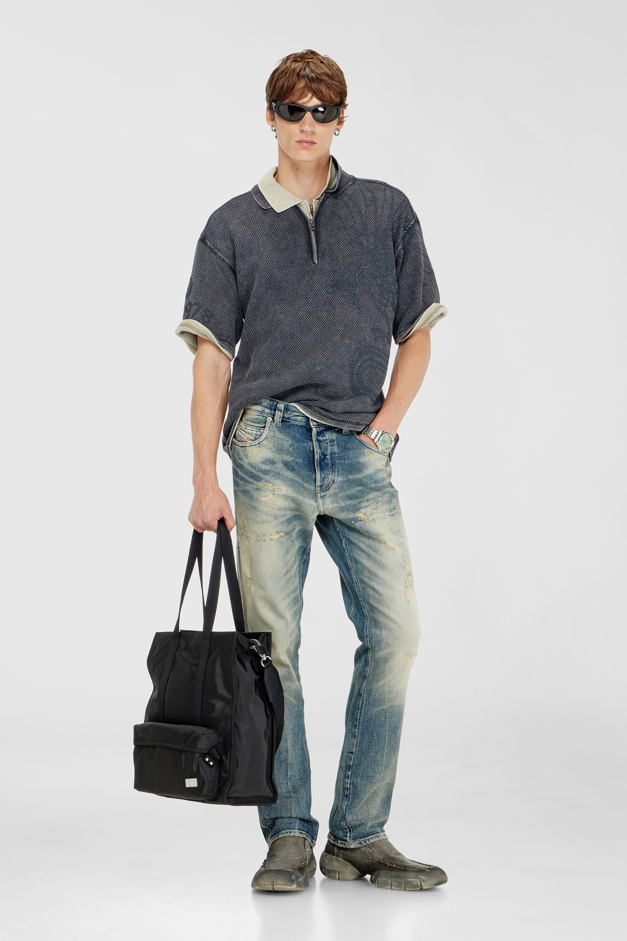 Diesel - T-ERRY-ZIP, Man's Mesh-jacquard polo shirt with Phoenix print in Dark grey - 2