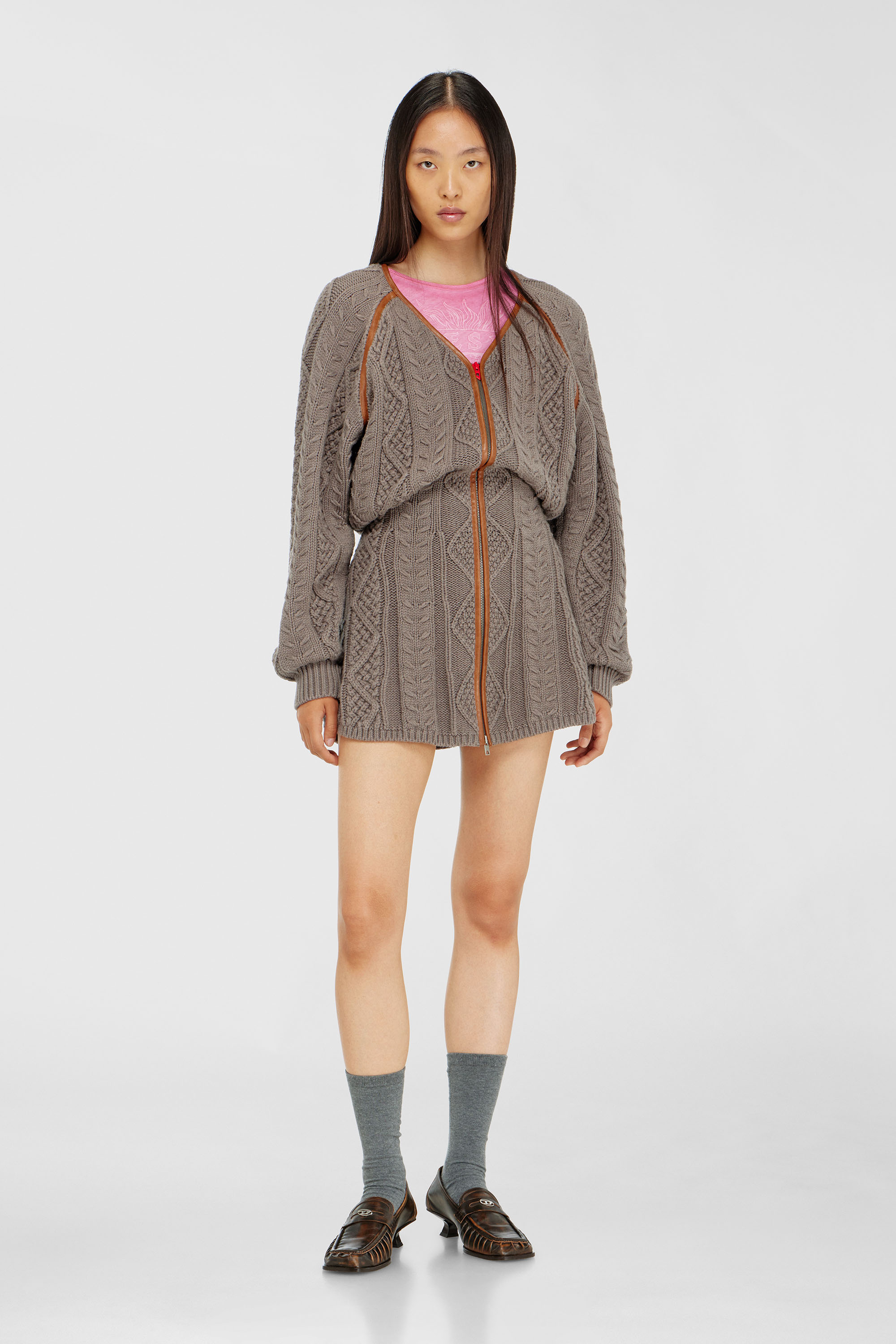 Diesel - M-INTESSE, Woman's Mini cardigan dress in cable knit in Grey - 1