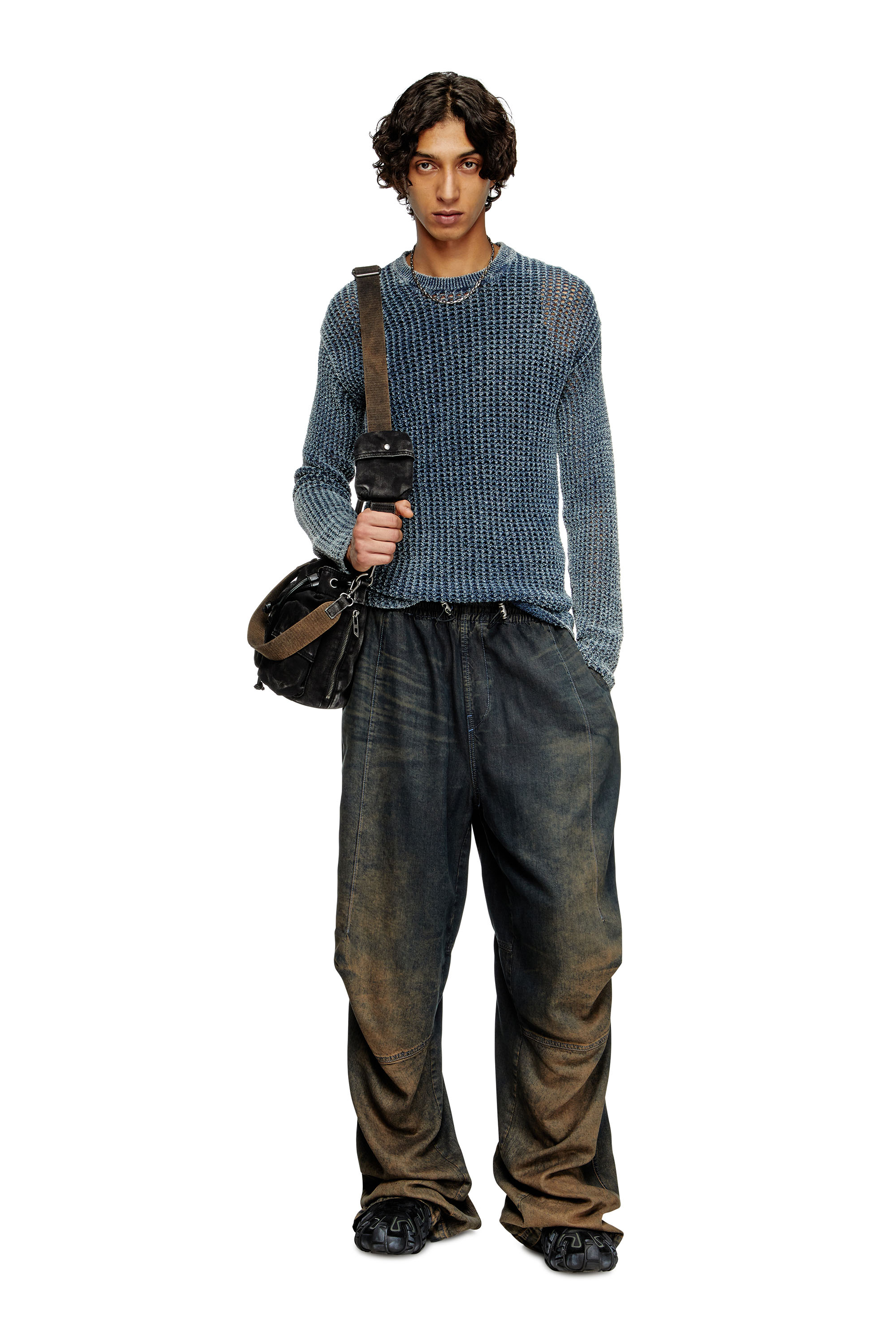 Diesel - K-REDROS, Man's Mesh-knit jumper in denim yarn in Blue - 1
