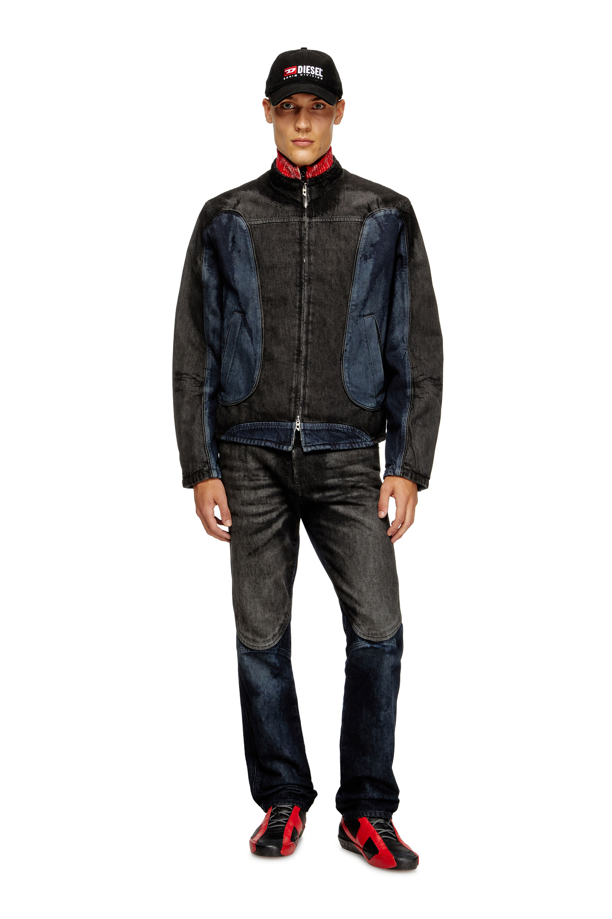 Diesel - D-BLENK-S, Man's Biker-style jacket in bicolour denim in Black/Blue - 1