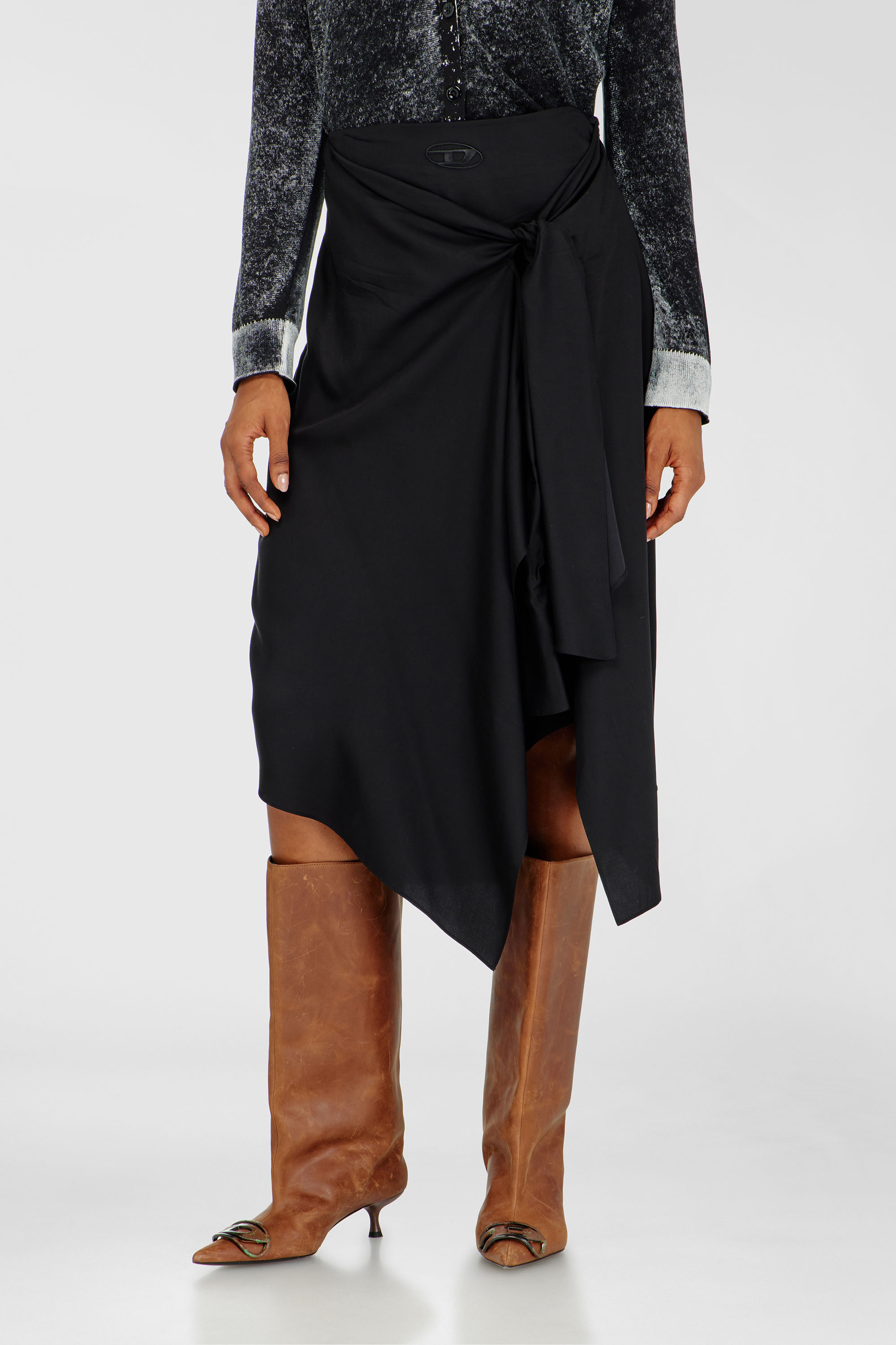 Diesel - O-TALI, Woman's Skirt in fluid cupro with front knot in Black - 1