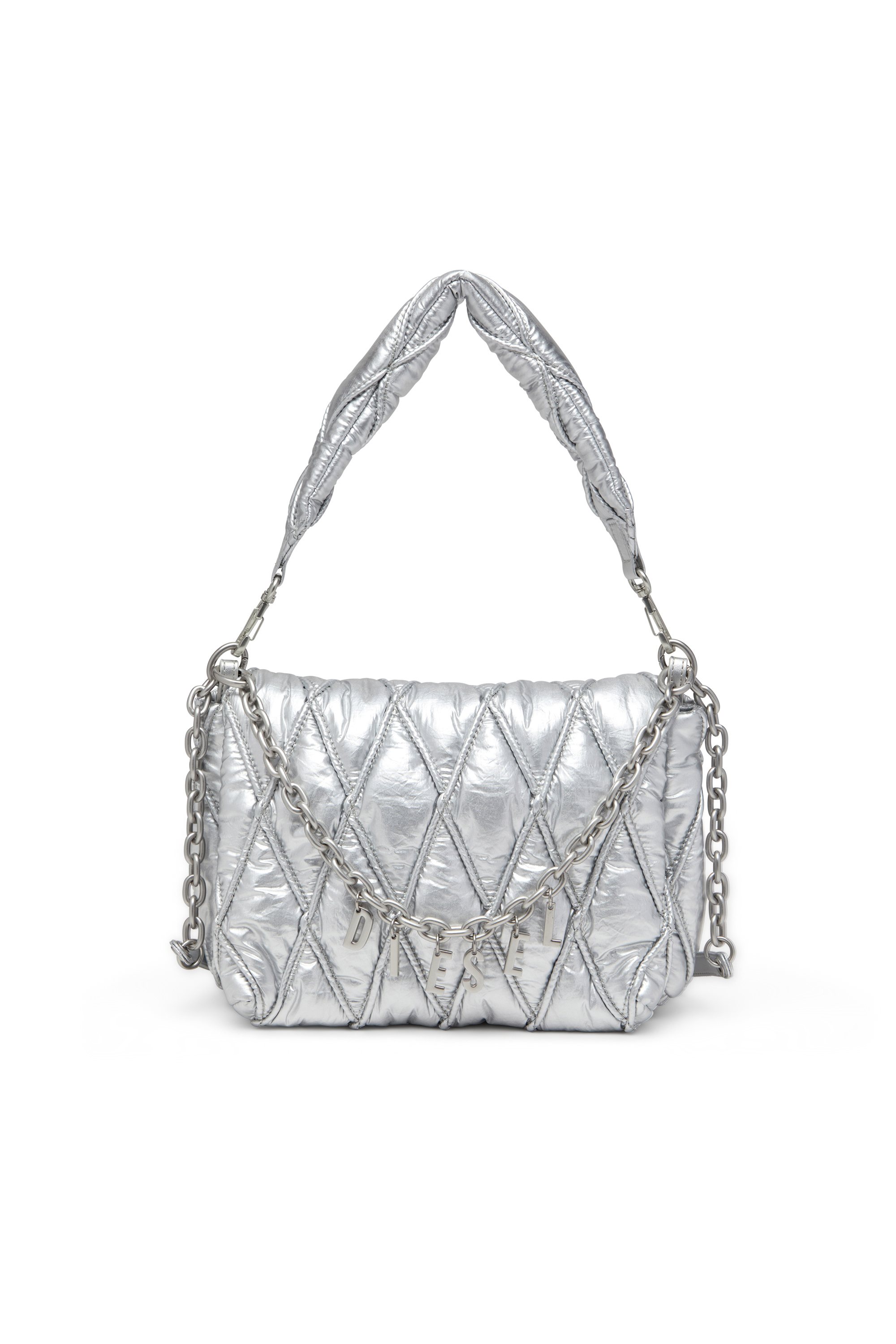 Diesel - CHARM-D SHOULDER M, Woman's Charm-D M-Shoulder bag in quilted metallic nylon in Silver - 1