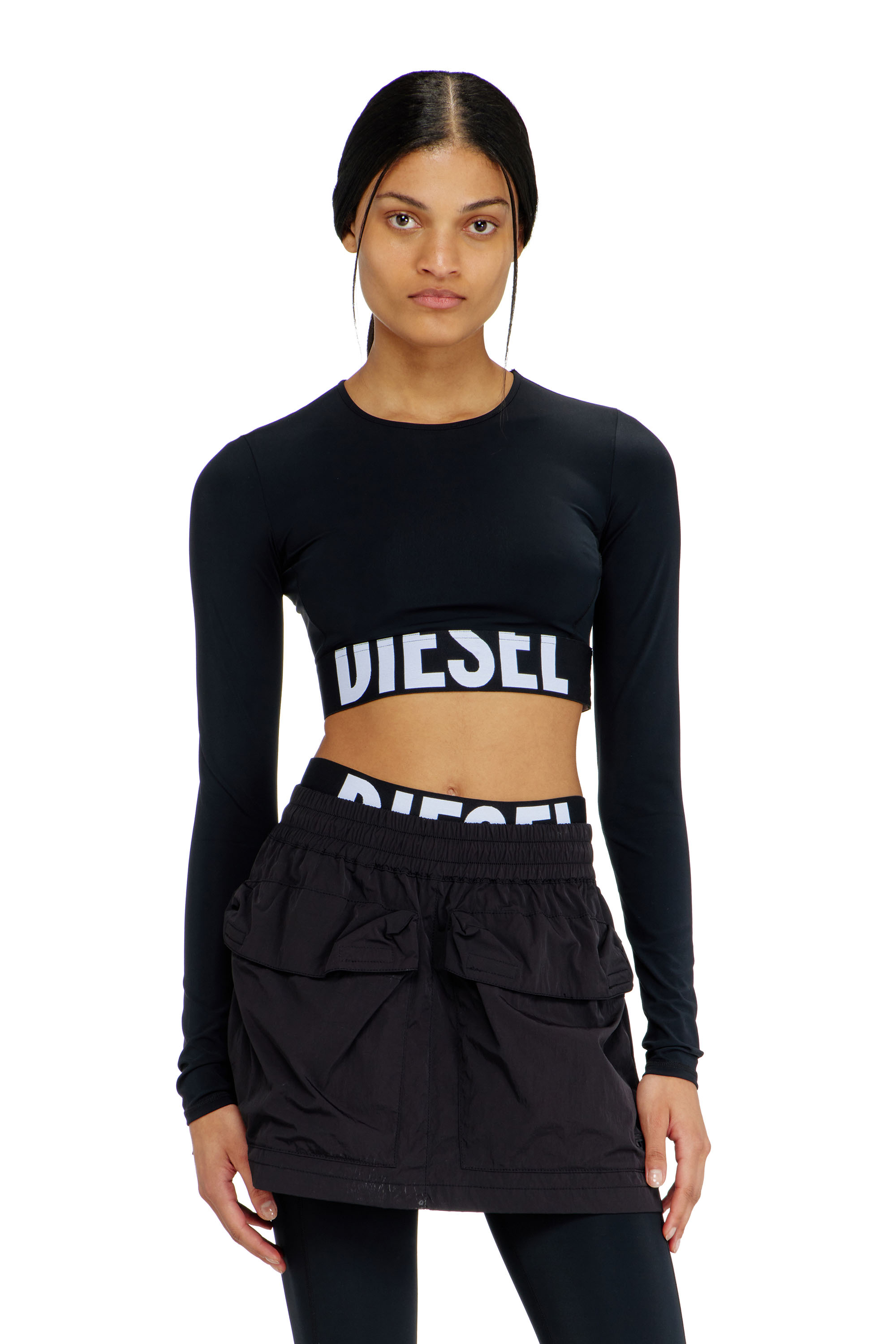 Diesel - MELISSA-D-POP, Woman's Microfibre crop top with cut-off logo in Black - 1