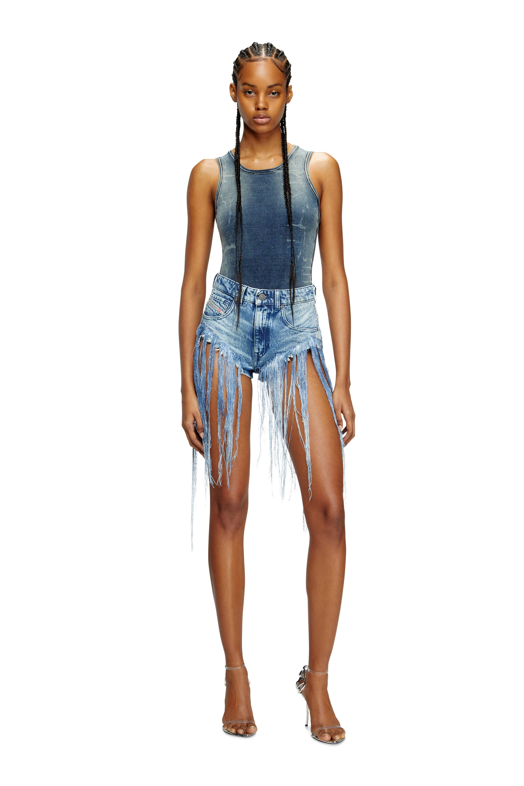 Diesel - T-GO, Unisex's Ribbed tank top with denim trompe l'oeil in Medium blue - 2