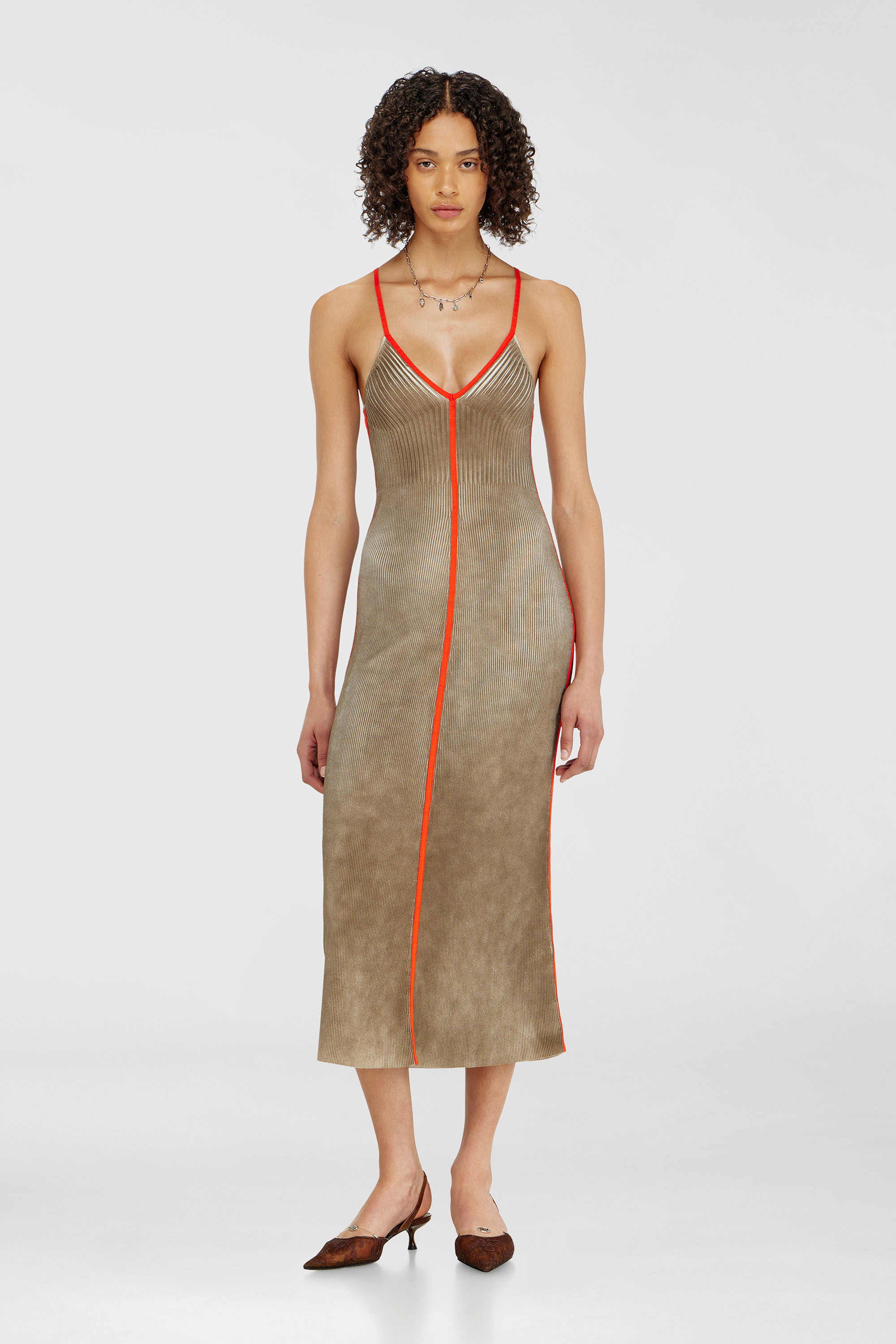 Diesel - M-SARMELA, Woman's Rib-knit midi cami dress with contrast bands in Red/Brown - 1