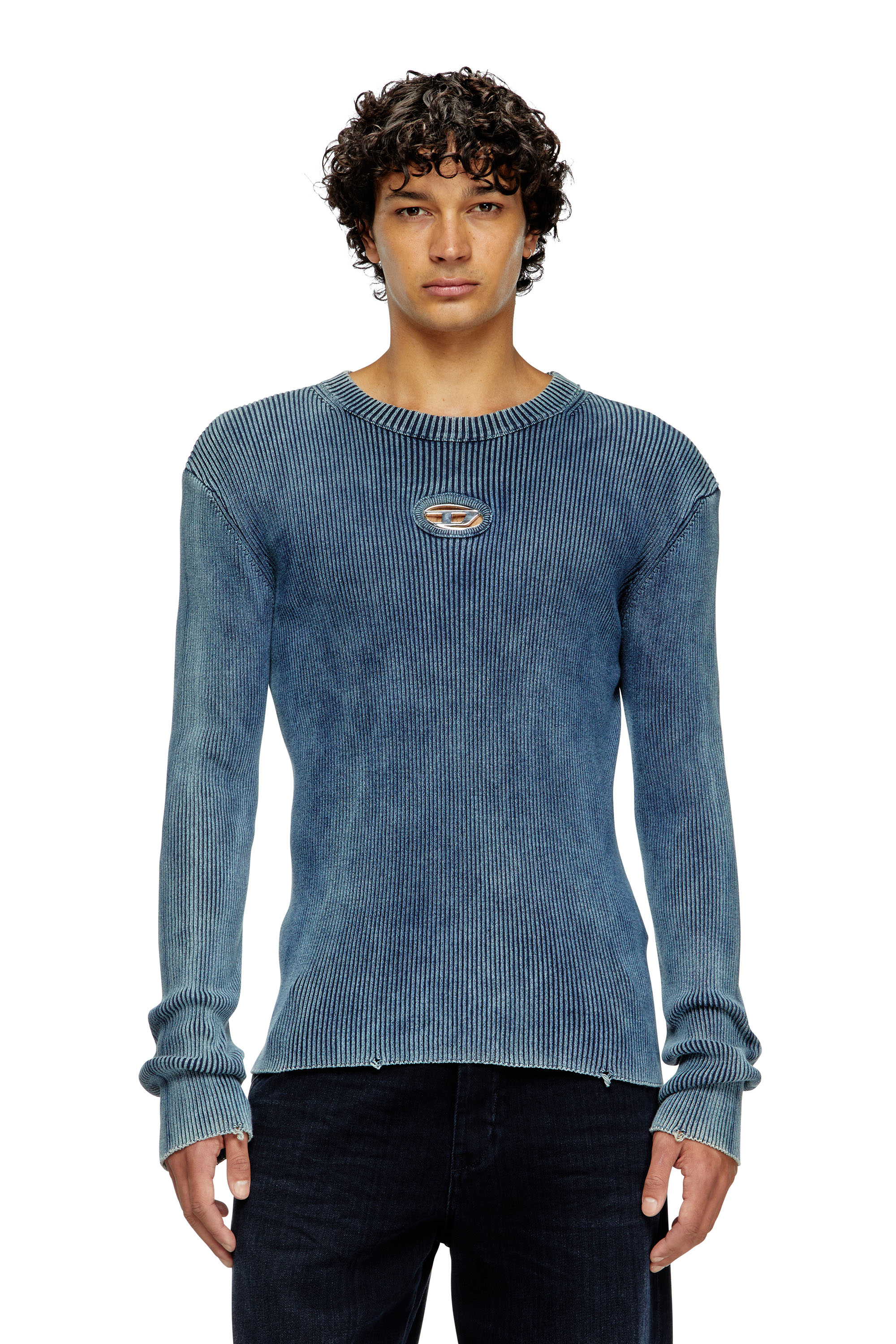 Diesel - K-DARIN-D, Man's Distressed jumper with cut-out logo in Blue - 1