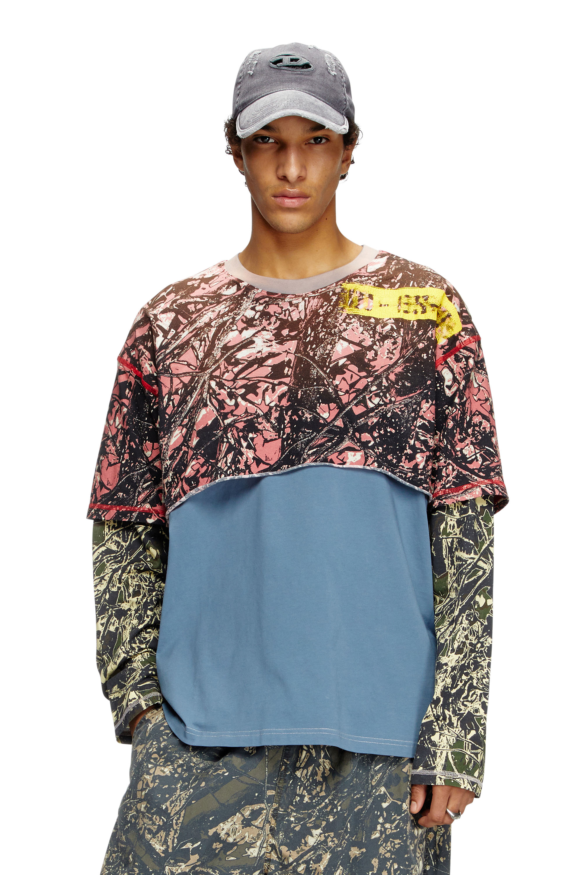 Diesel - T-BESH-CAMOU, Man's Layered T-shirt with camo motif in Blue/Pink - 1