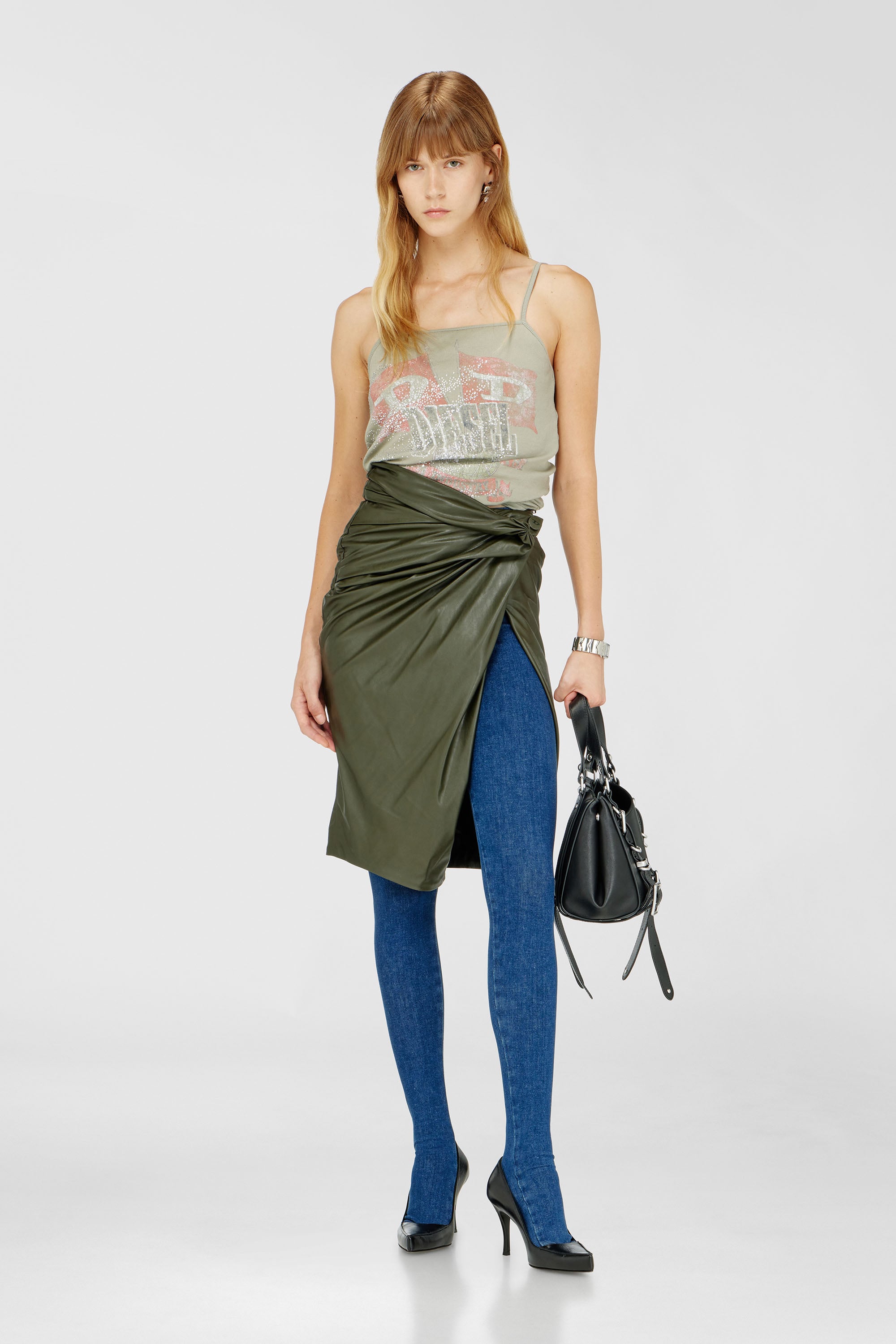 Diesel - O-DASLI, Woman's Draped pencil skirt with split in Military Green - 2