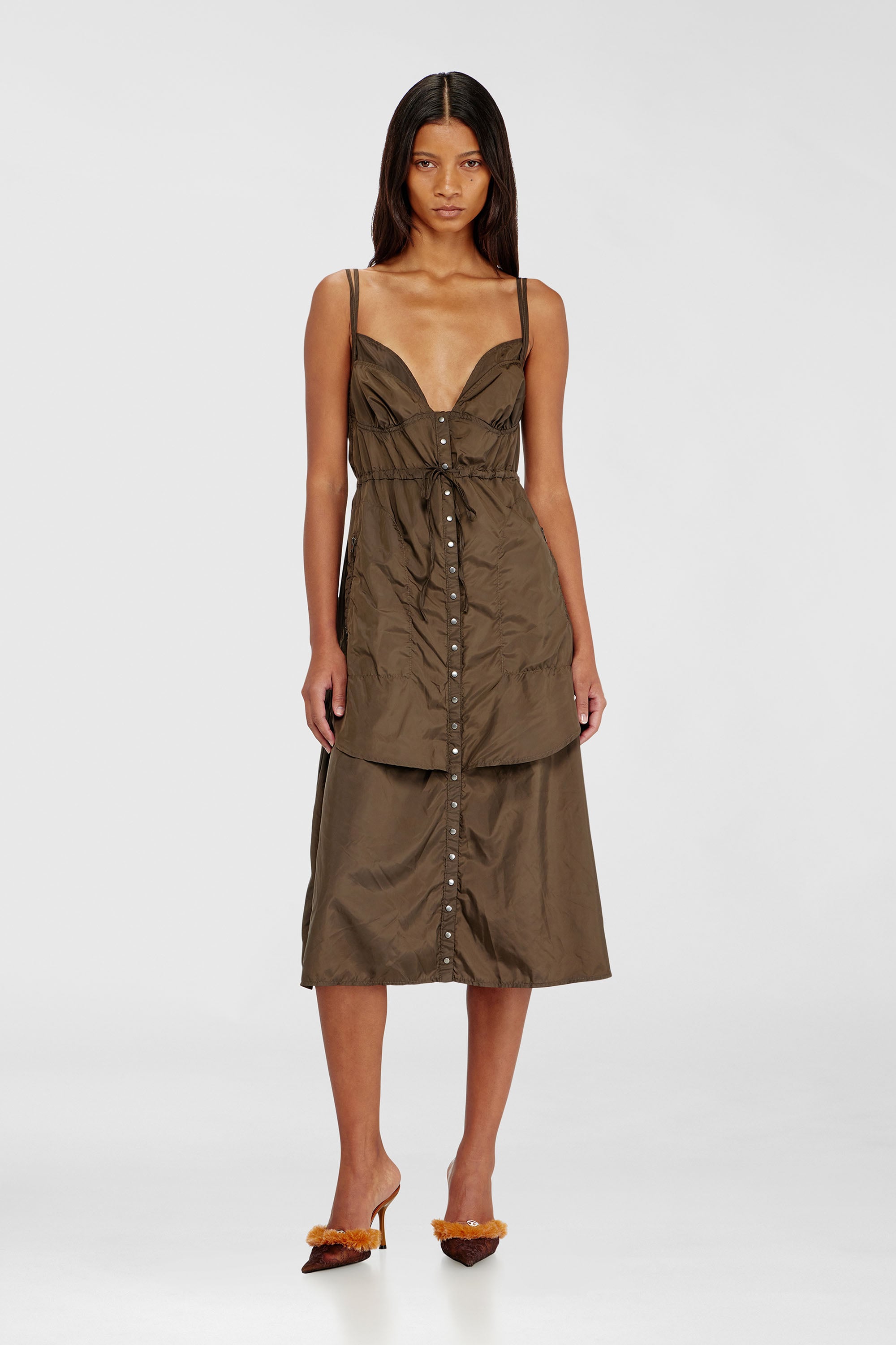 Diesel - D-OROTEA-T1, Woman's Lightweight nylon dress with layered design in Brown - 1