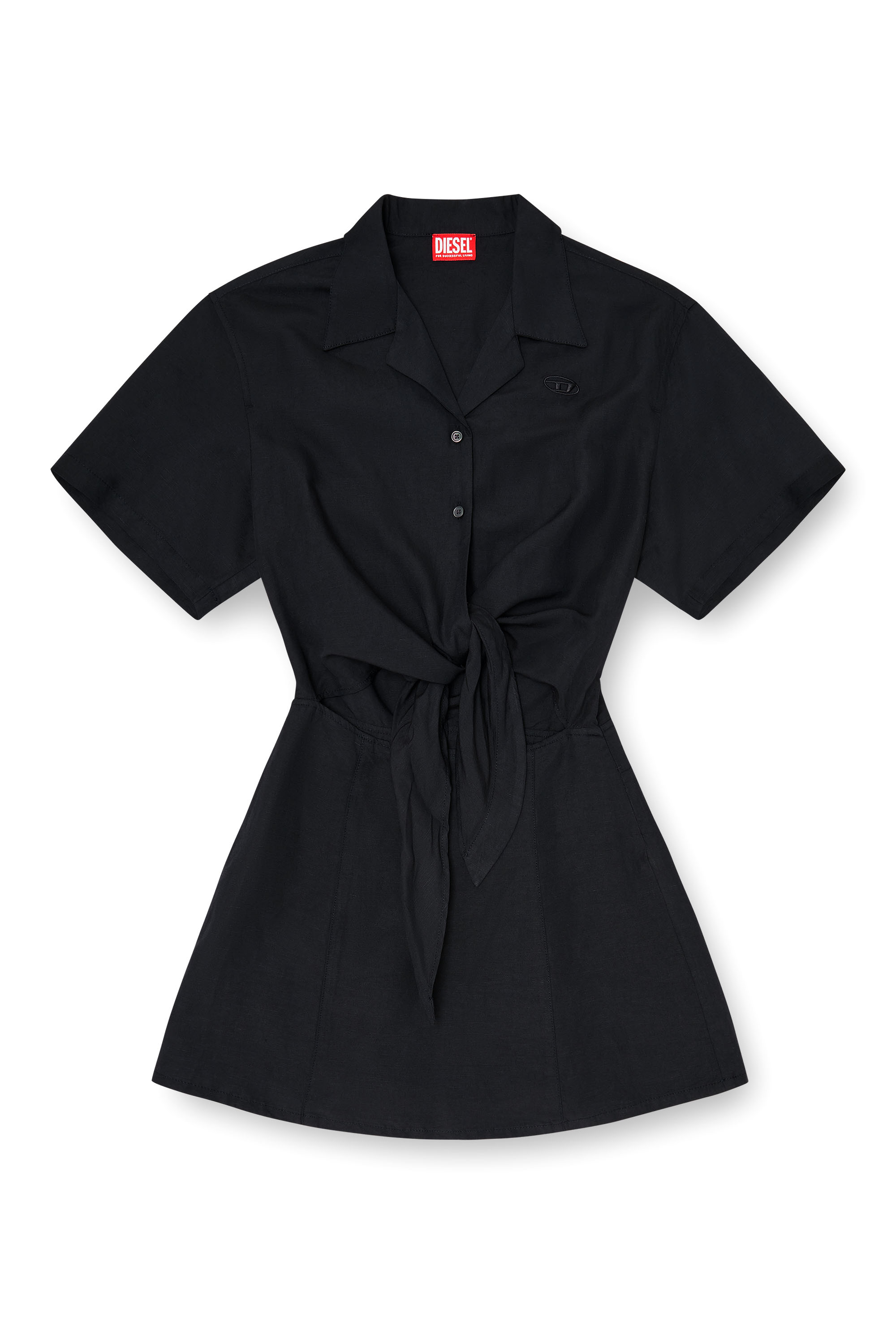 Diesel - D-STALL, Woman's Linen-blend mini dress with waist knot in Black - 1