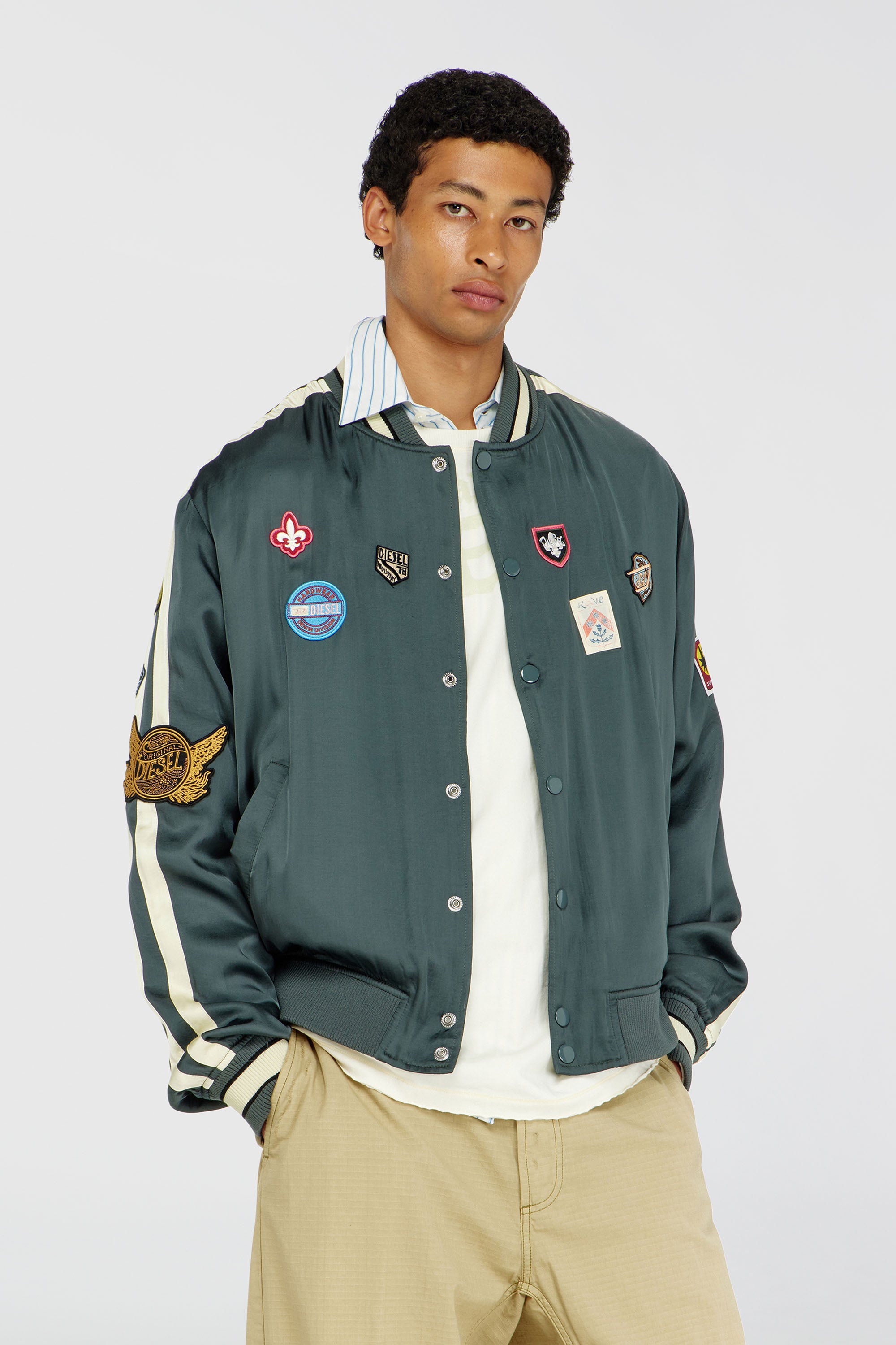 Diesel - J-ANNU, Man's Satin bomber jacket with patches in Dark Green - 1