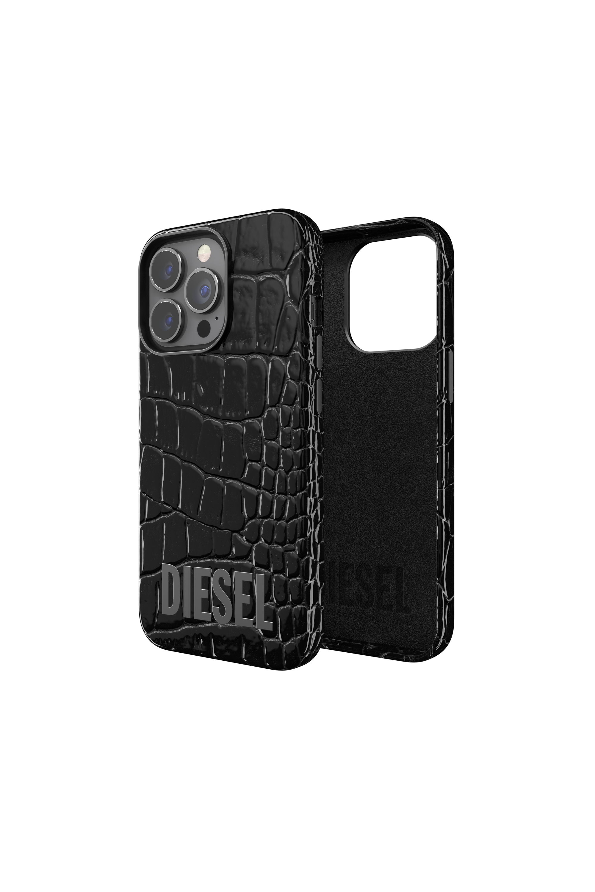 Diesel - 47174 STANDARD CASE, Unisex's Moulded case alligator leather wrap for iPhone 13 Pro in Black - 1
