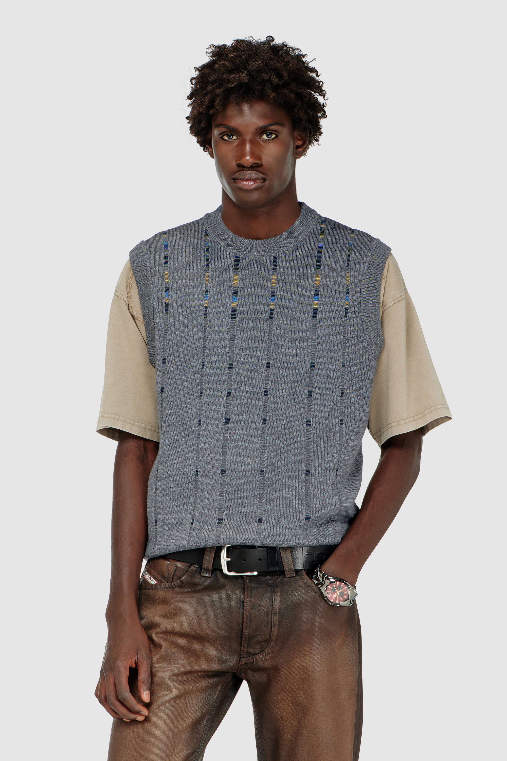 Diesel - K-ROERI, Man's Wool vest with check effect in Grey - 3