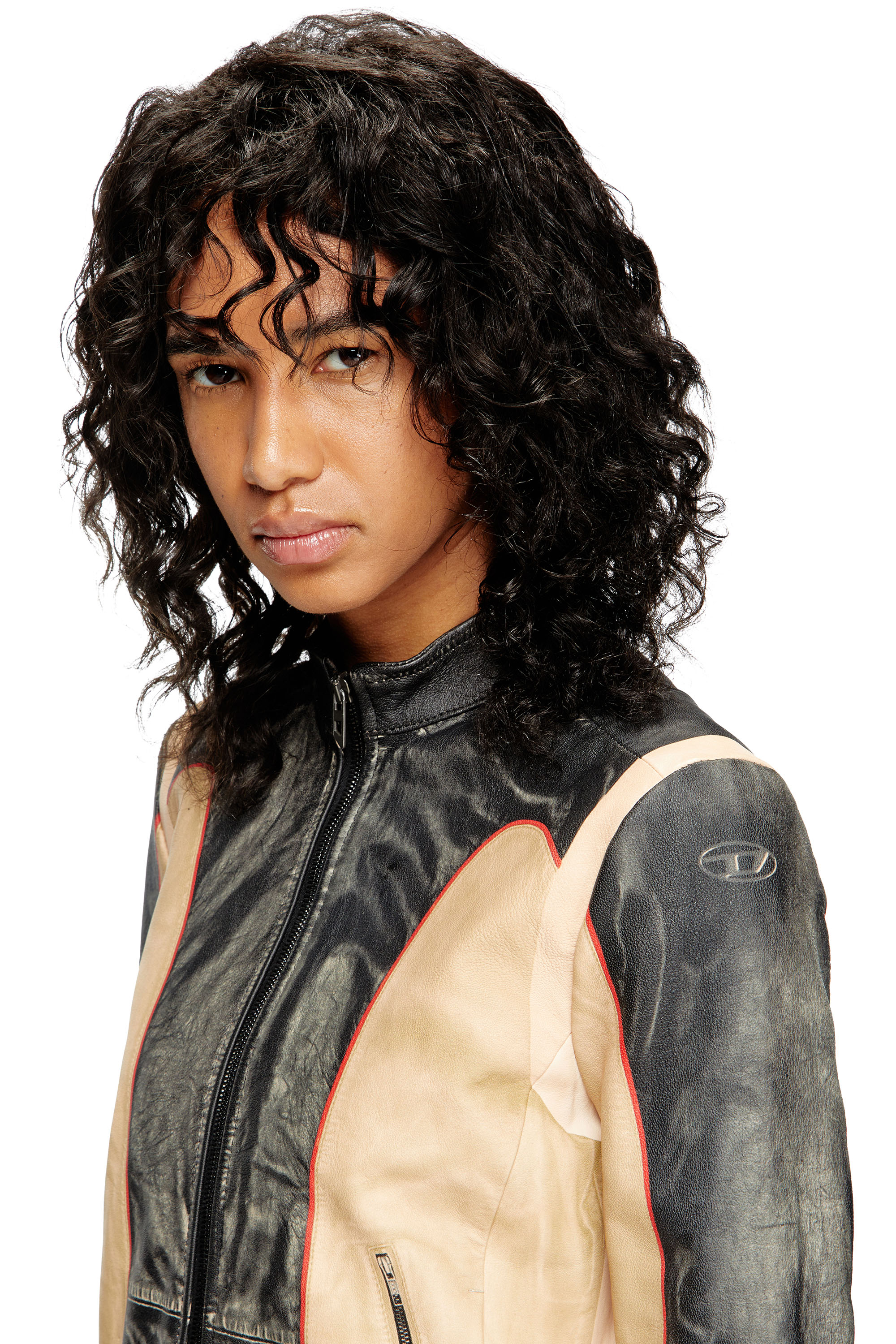 Diesel - L-OONIE, Woman's Trompe l'oeil-effect leather biker jacket in Beige/Black - 5