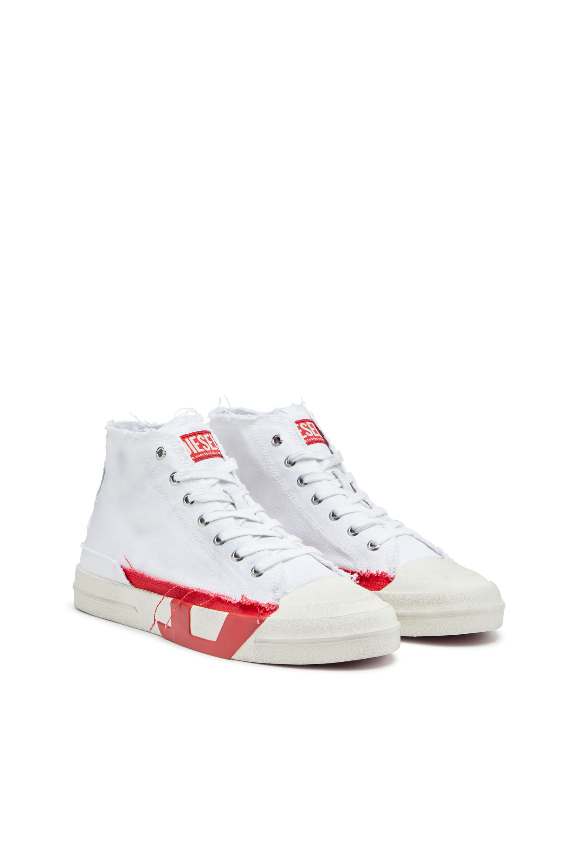 S-D-VERSE MID, White/Red Diesel - S-D-VERSE MID, Man's S-D-Verse-Dirty-effect high-top canvas sneakers in White/Red - 2