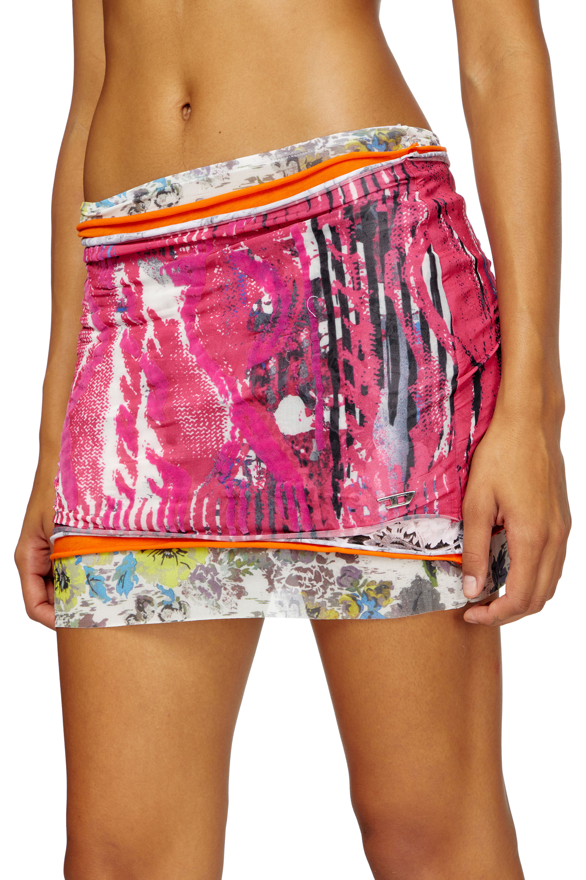 Diesel - O-PEONY, Woman's Layered miniskirt with Peony pop print in Pink - 4