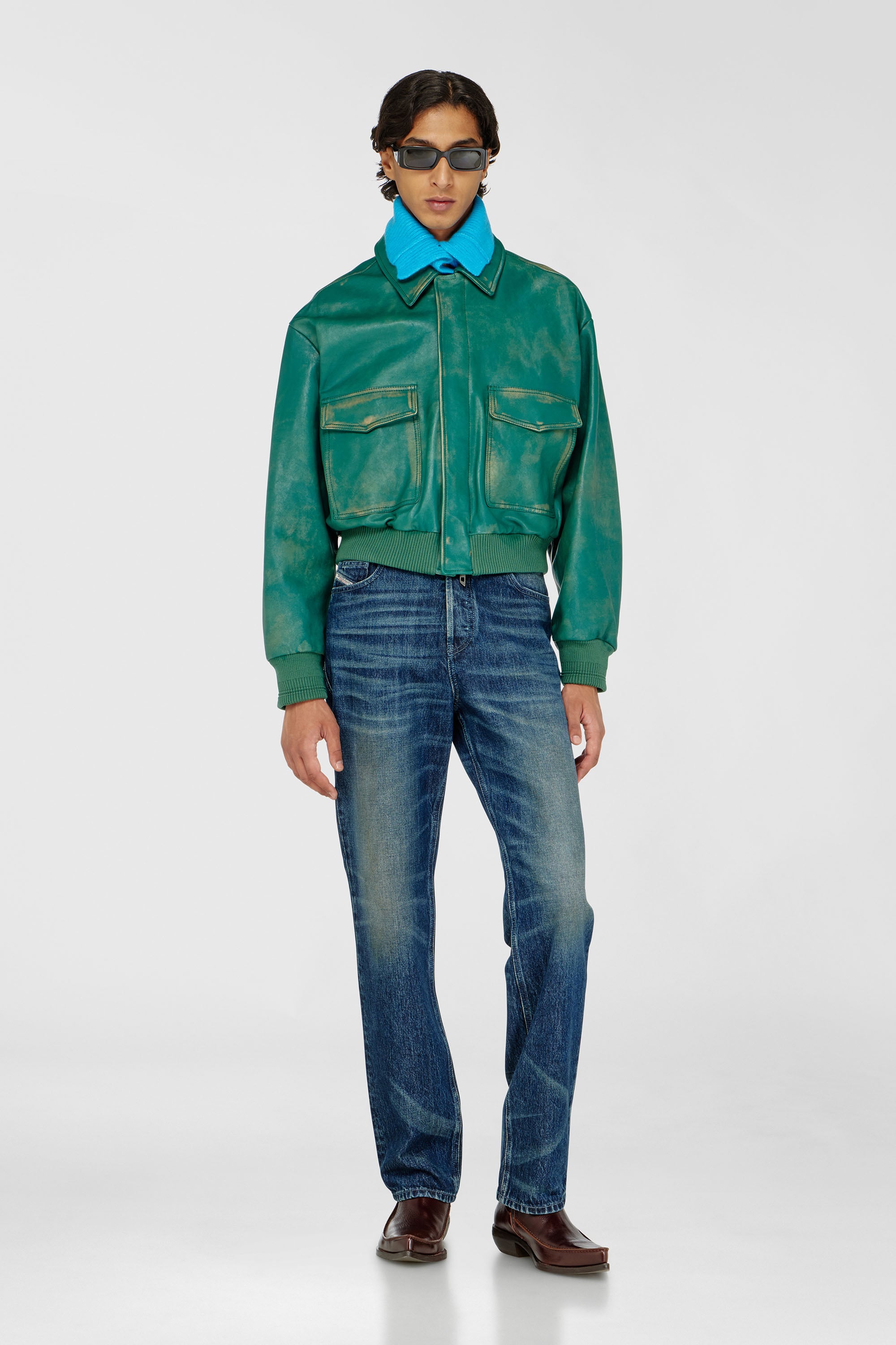 Diesel - L-UMAN, Man's Aviator jacket in treated leather in Dark Green - 2