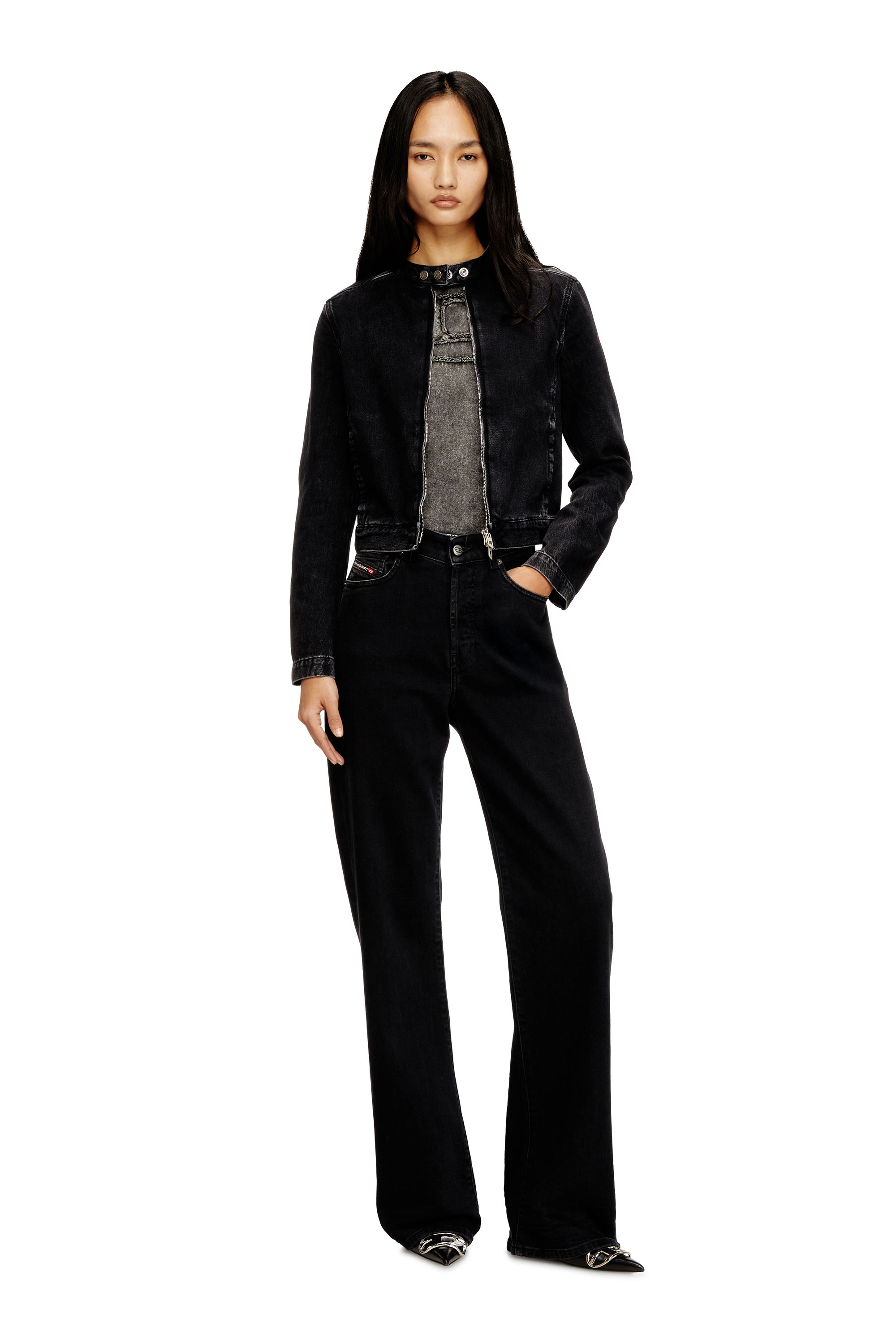 Diesel - DE-MORNIN, Woman's Moto jacket in denim in clean-wash denim in Black - 1